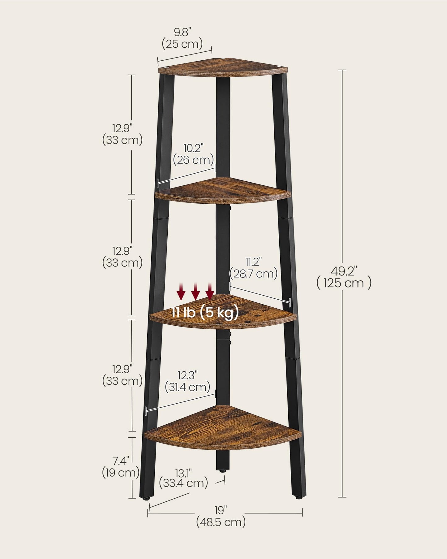 VASAGLE Corner Shelf Stand, 4-Tier Corner Bookshelf, Industrial Ladder Shelf, Plant Stand for Living Room, Office, Kitchen, Rustic Brown and Black ULLS34X