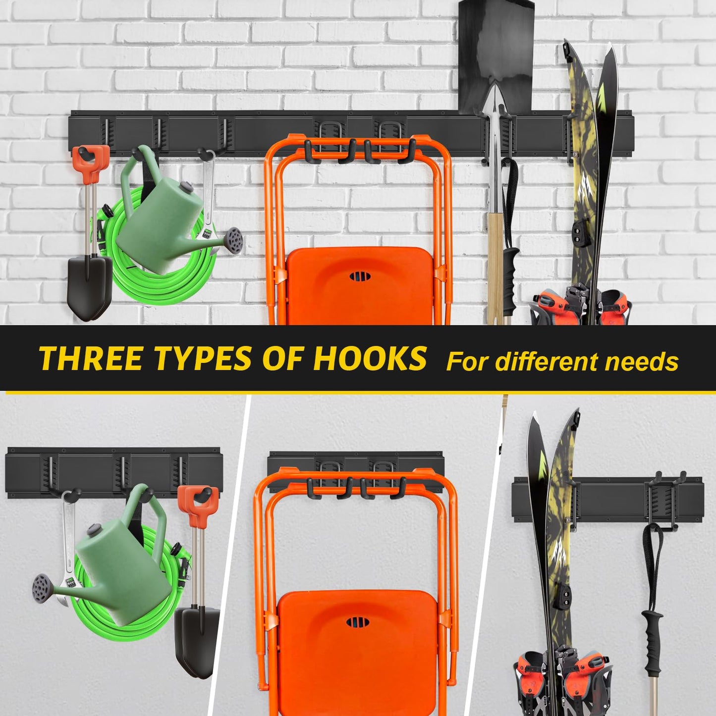 Garage Tool Organizer Wall Mount, 48 Inches Garden Garage Storage Organizer with Adjustable Hooks, Metal Garage Storage Rack Max Loading 440lbs, Tool Holder for Hanging Rake Broom Mop Snowboard