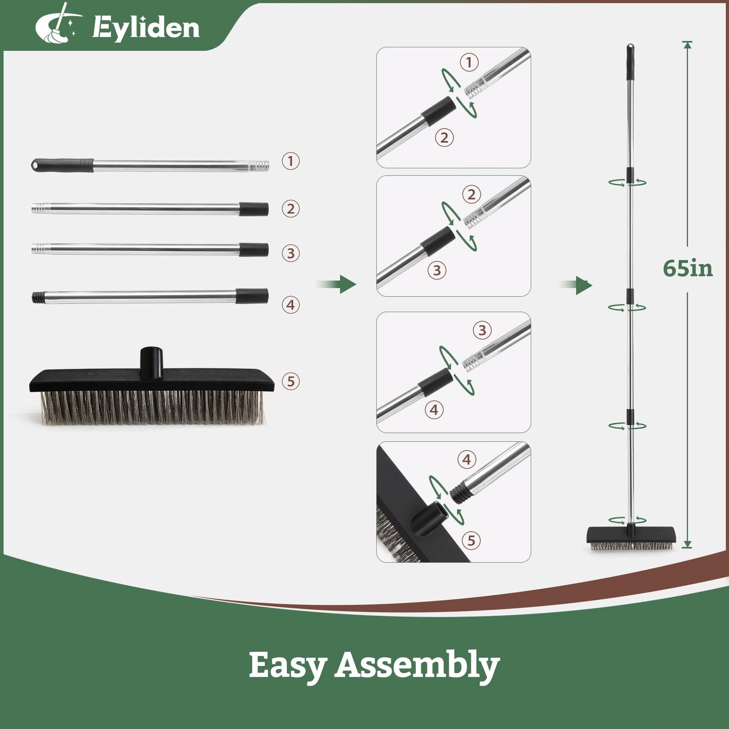 Eyliden Push Broom, Heavy Duty Moss Wire Scrub Brush with Stainless Steel Bristles, 65" Long Handle, Scrubber Brush for Deck, Floor, Concrete, Roof, Patio, Pool Outdoor Cleaning