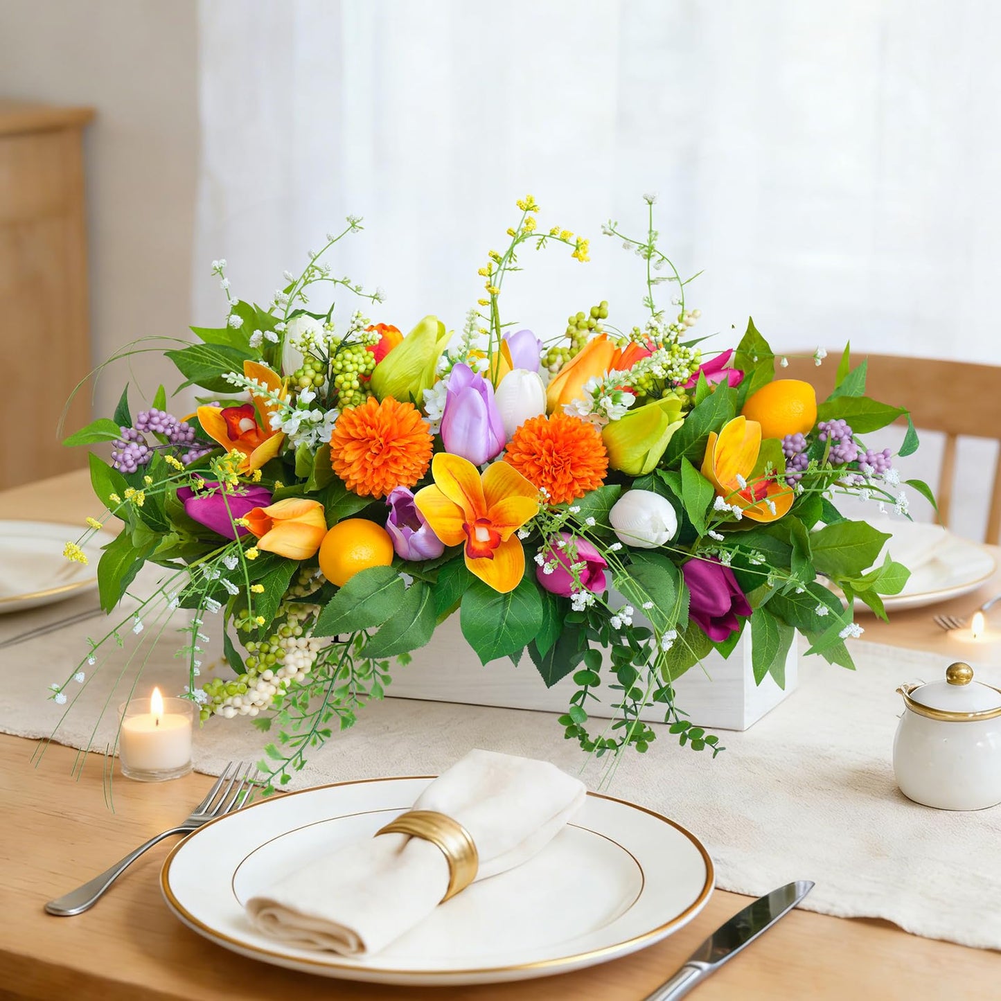 Artificial Tulip & Dahlia Table Centerpiece Lifelike Faux Flowers with Decorative Lemons & Greenery, Spring & Summer Tabletop Decor for Dining Room, Kitchen Island, Coffee Table, Weddings & Home