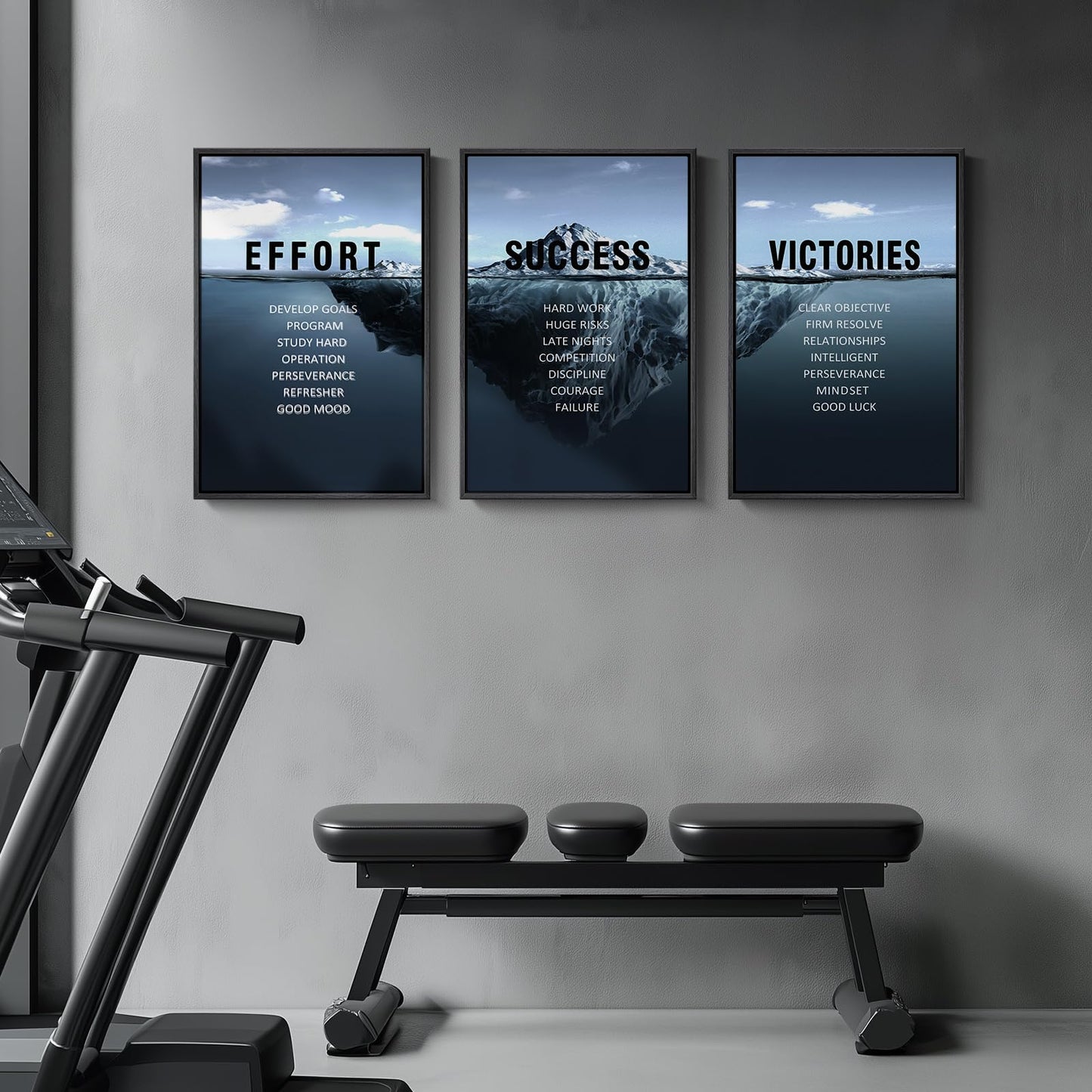 Framed Motivational Wall Art for Office Decor, Set of 3 Inspirational Modern Iceberg Canvas Wall Art Prints, Navy Blue Effort Success Victory Quotes for Home Office Gym Wall Decor, 16x24