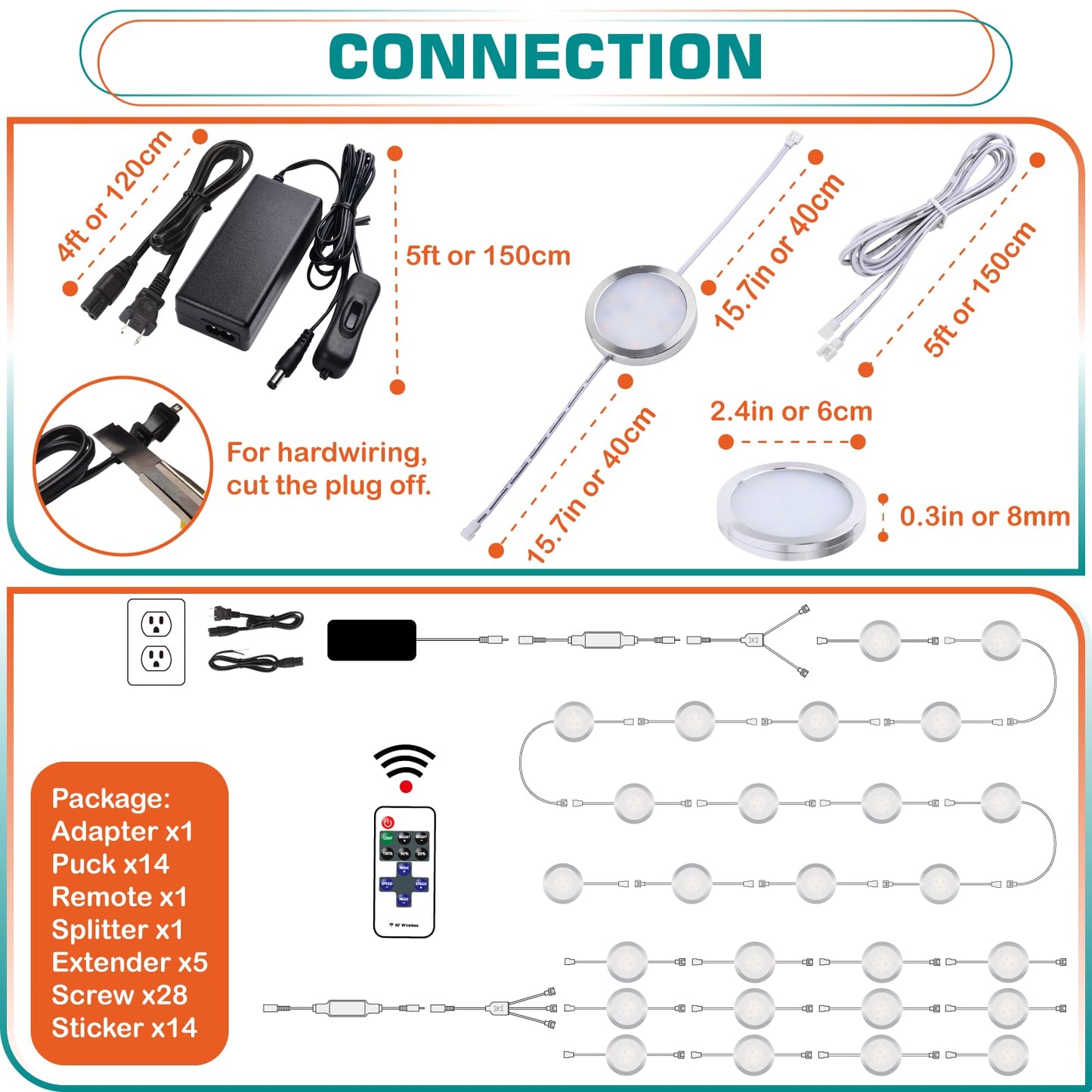 Lvyinyin Under Cabinet Lighting Kit, Curio Display Case Lighting, Dimmable Wireless RF Remote Control, Linkable Wired LED Puck Lights, AC120V to DC12V, Hardwired or Wall Plug, Daylight, 14 Lights