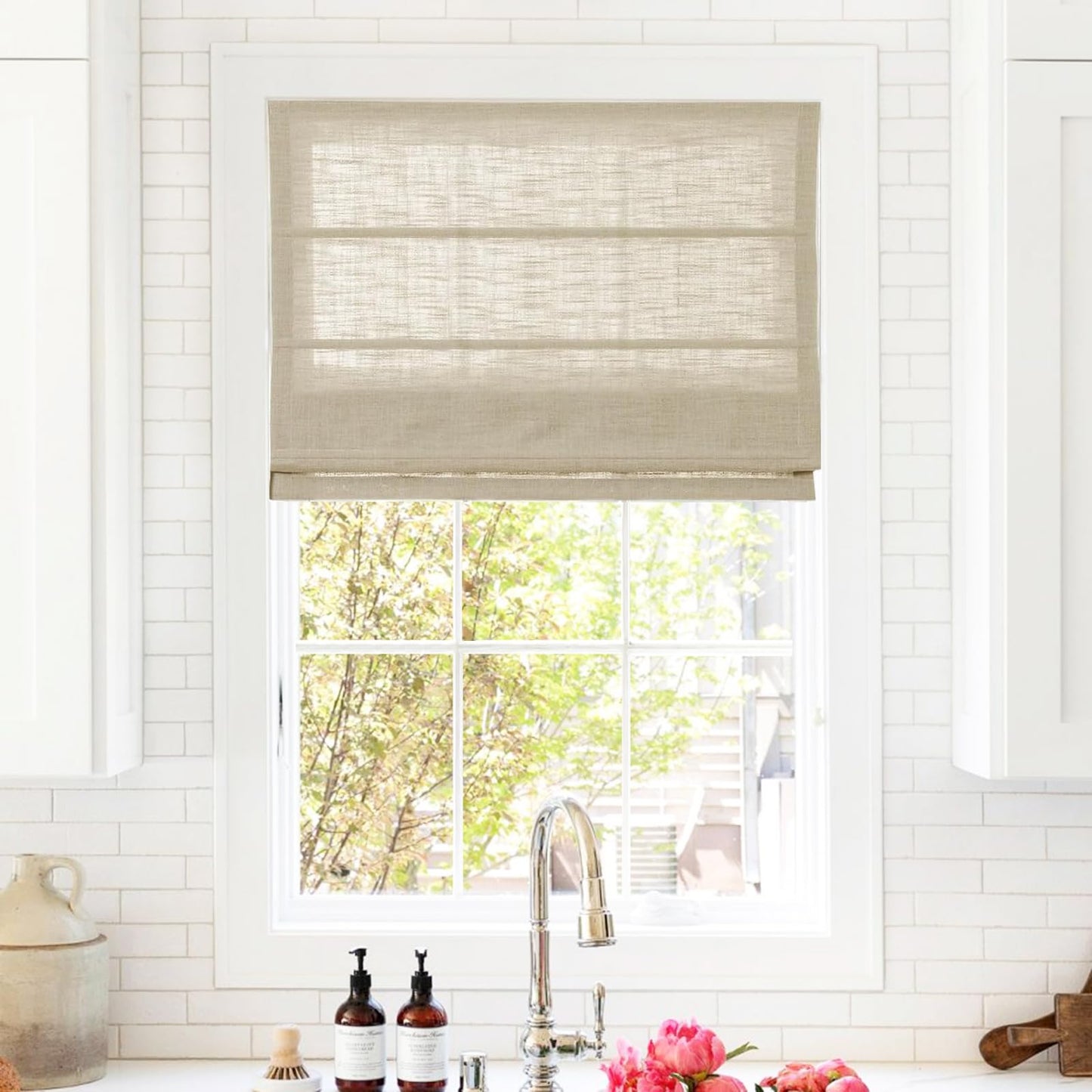 DotheDrape Linen Roman Shades for Windows Custom Cordless Blinds for Indoor Windows, French Doors, Bedroom, Living Room, Bathroom, Light Khahi