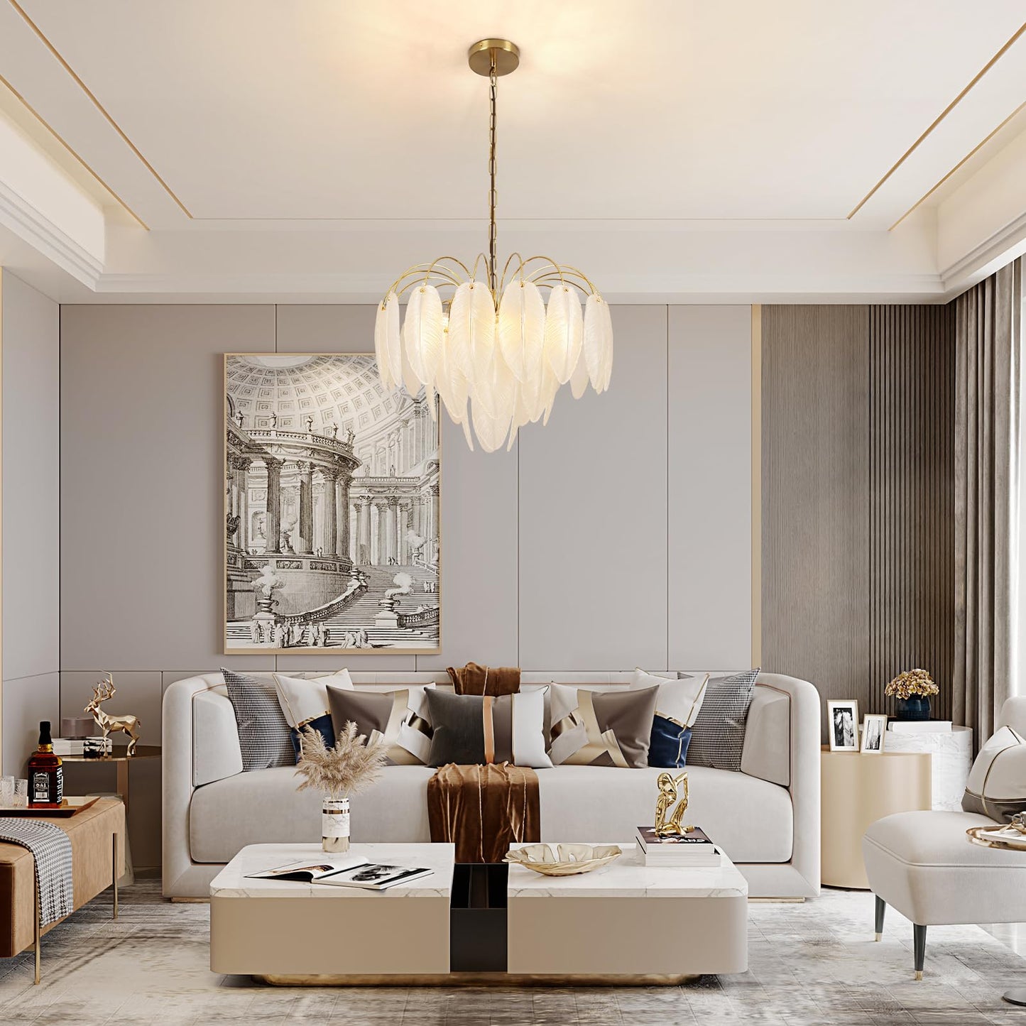 KELUOLY Modern Gold Chandelier, 19.29" Creativity Feather Glass Pendant Ceiling Light Fixtures 6-Light Round Chandelier Luxury 3 Tiers Hanging Chandelier for Dining Room Foyer Living Room Bedroom