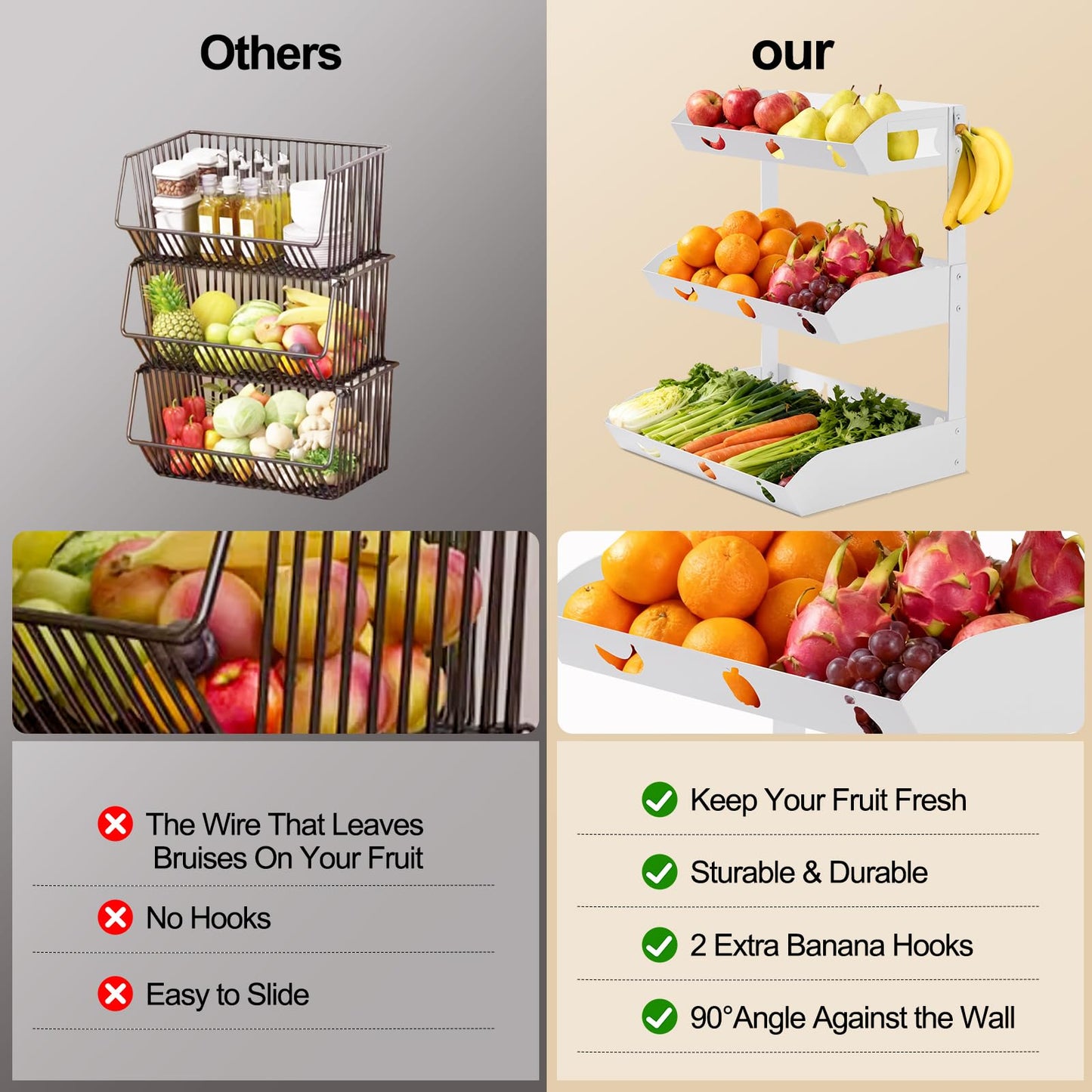 GOENDR Fruit Basket for Kitchen Counter – 3 Tier Metal Fruit Bowl with Banana Hanger, Convertible to 2 Tier, Large Capacity Countertop Organizer for Fruit Vegetables Bread Snack Produce Storage