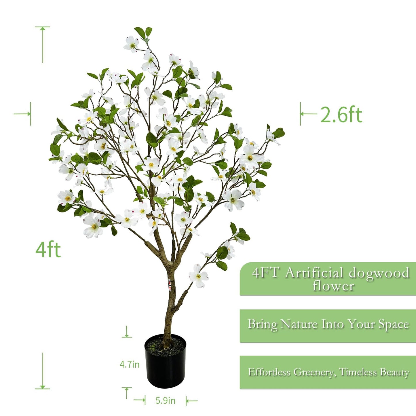 Artificial Dogwood Flower Tree 4ft, Faux Blooming Dogwood Tree with Realistic White Flowers, Potted Fake Tree for Home, Office, Living Room & Indoor Decor (4ft)