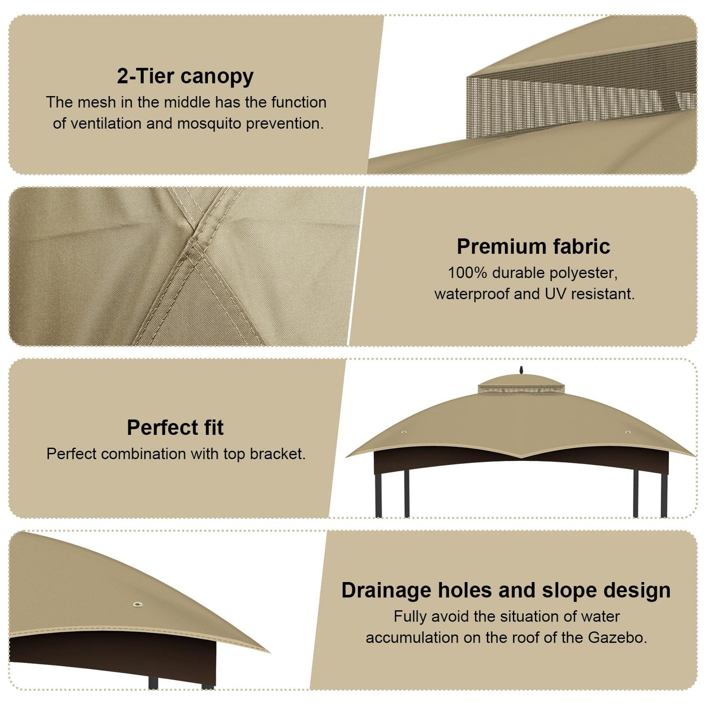 10x12 Replacement Gazebo Canopy Top Cover, Double Tiered Waterproof Canopy Roof for Lowe's Allen Roth Gazebo #GF-12S004B-1 (Khaki)