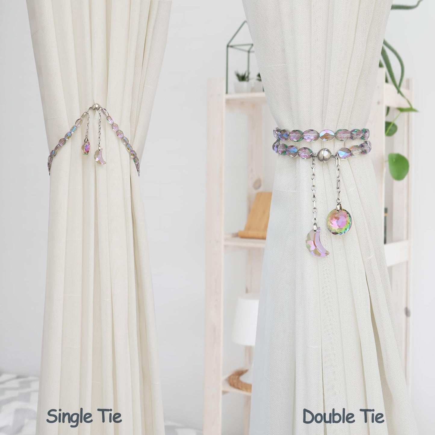 PEDOBO Magnetic Curtain Tiebacks, 2 Pack Crystal Beaded Sun & Moon Pendants Sheers/Draperies Holdbacks for Window Home Office Decor (Purple)
