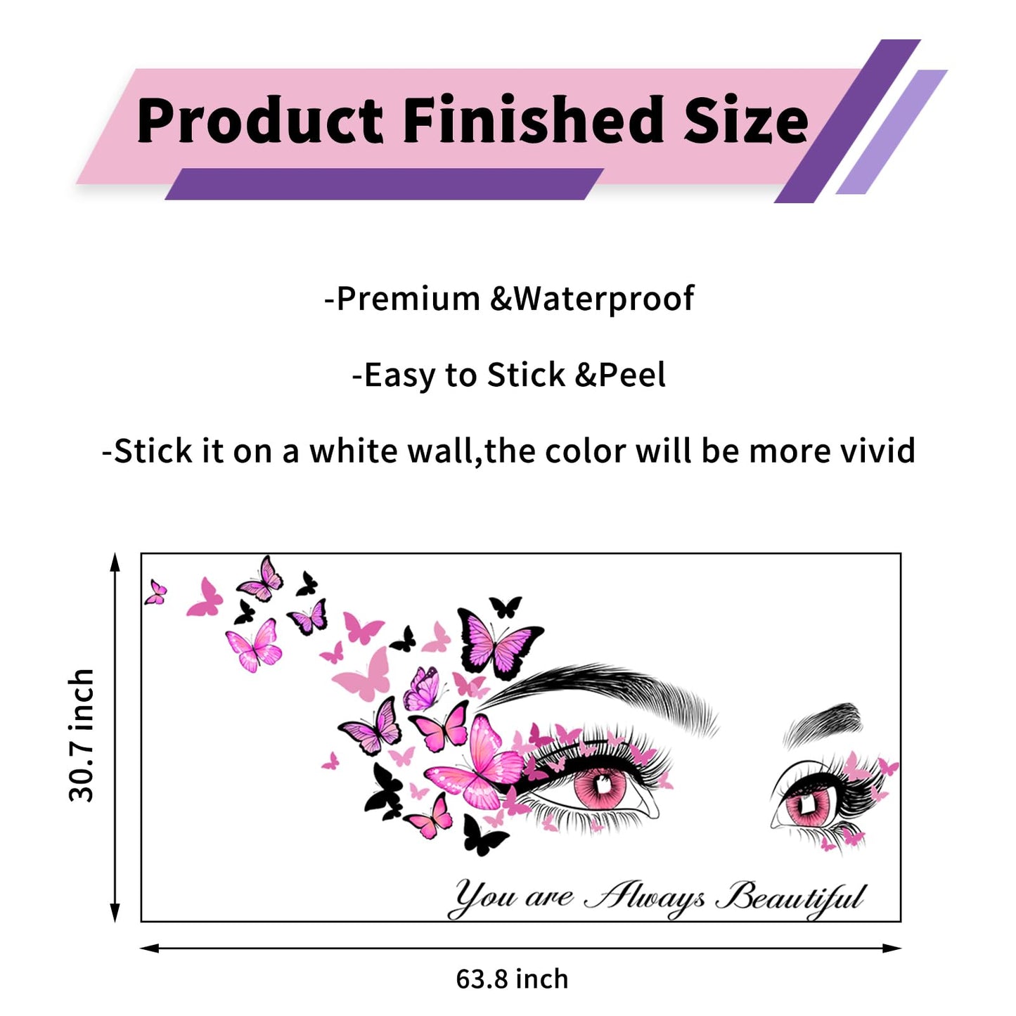 Beautiful Eyelash Eyes Wall Stickers Flying Butterfly Wall Decals You are Always Beautiful Quotes Wall-Decor Vinyl Art Butterflies Decor Stickers for Women Girls Bedroom Living Room Decor