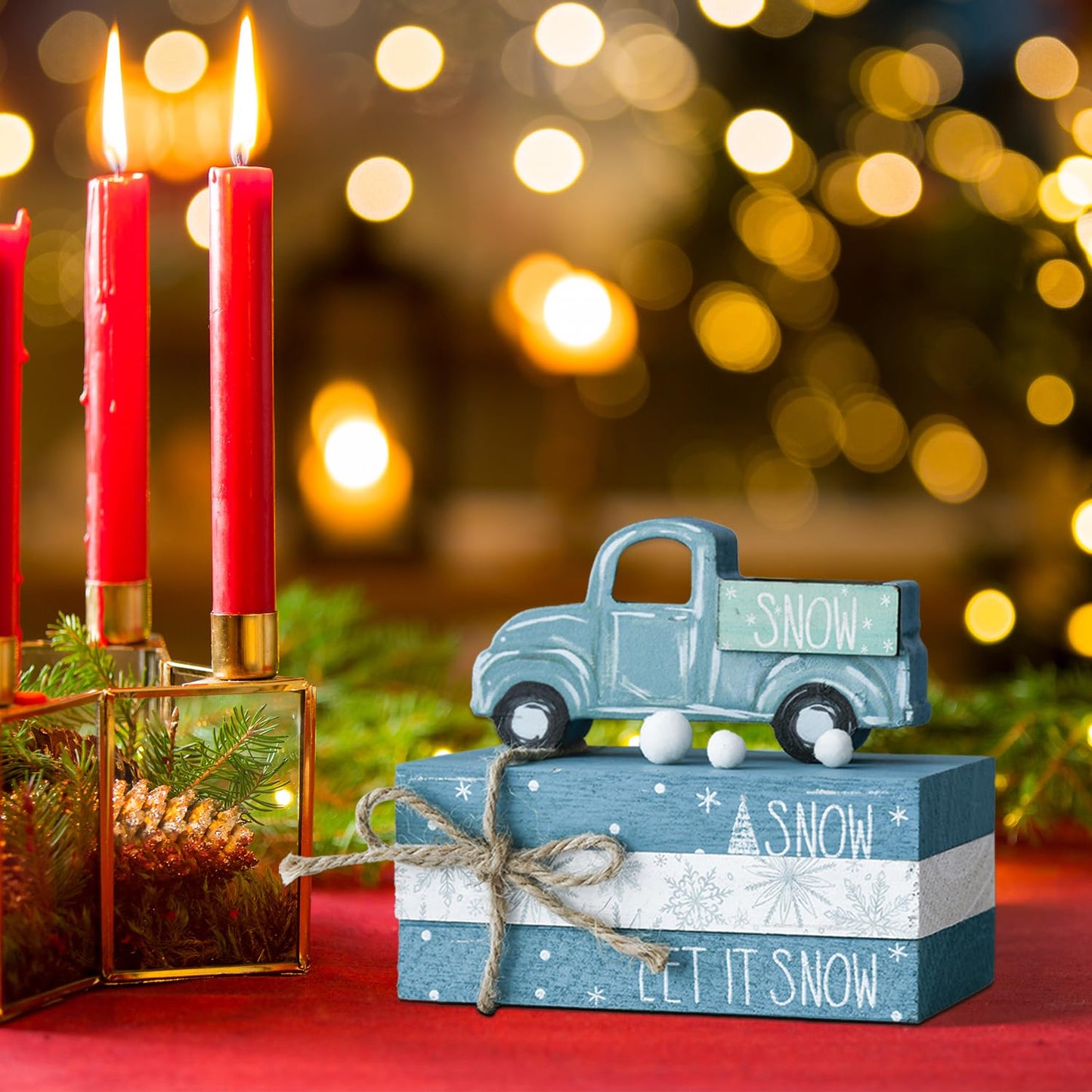 Smile Christmas Wooden Books Stack, Let it Snow Faux Books Bundle, Car Tiered Tray Decorations, for Home Table Mantle Shelf.