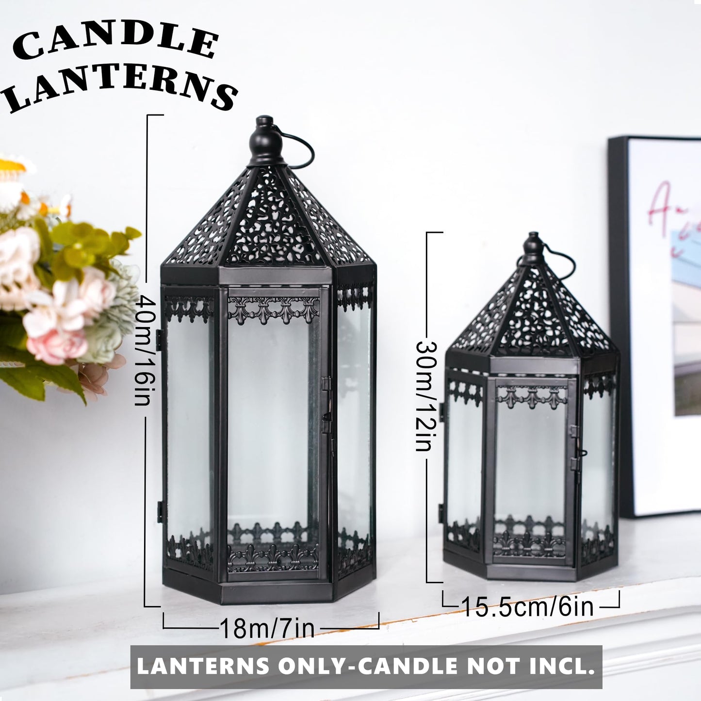 TRIROCKS Set of 2 Decorative Candle Lantern 16'' & 12'' High Metal Candle Holder Hanging Lanterns with Tempered Glass for Indoor Outdoor Home Decor Parties Garden Events (Black)