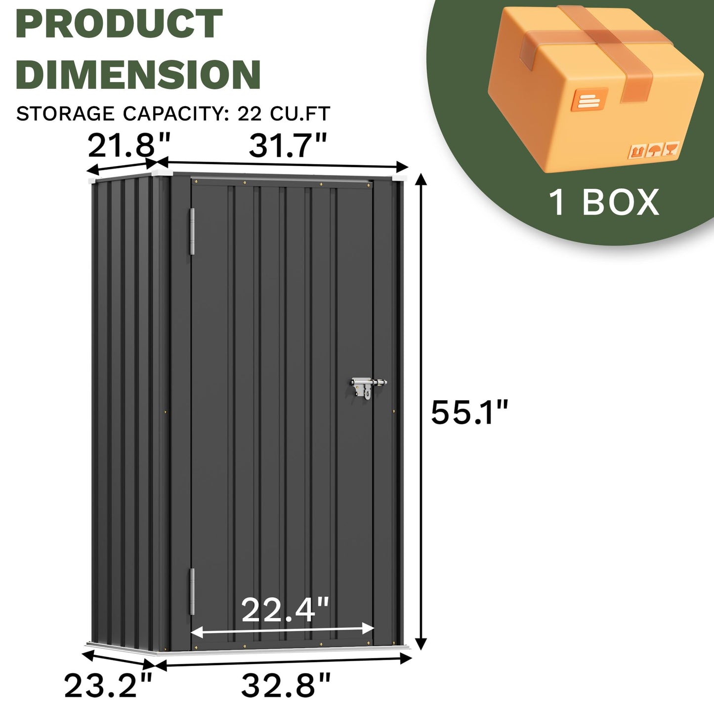 Patiowell 22 Cuft Outdoor Storage Cabinet, Metal Storage Shed with Lockable Door, Indoor Outdoor Vertical Waterproof Tool Shed Without Adjustable Shelves for Patio Garden Backyard, Black