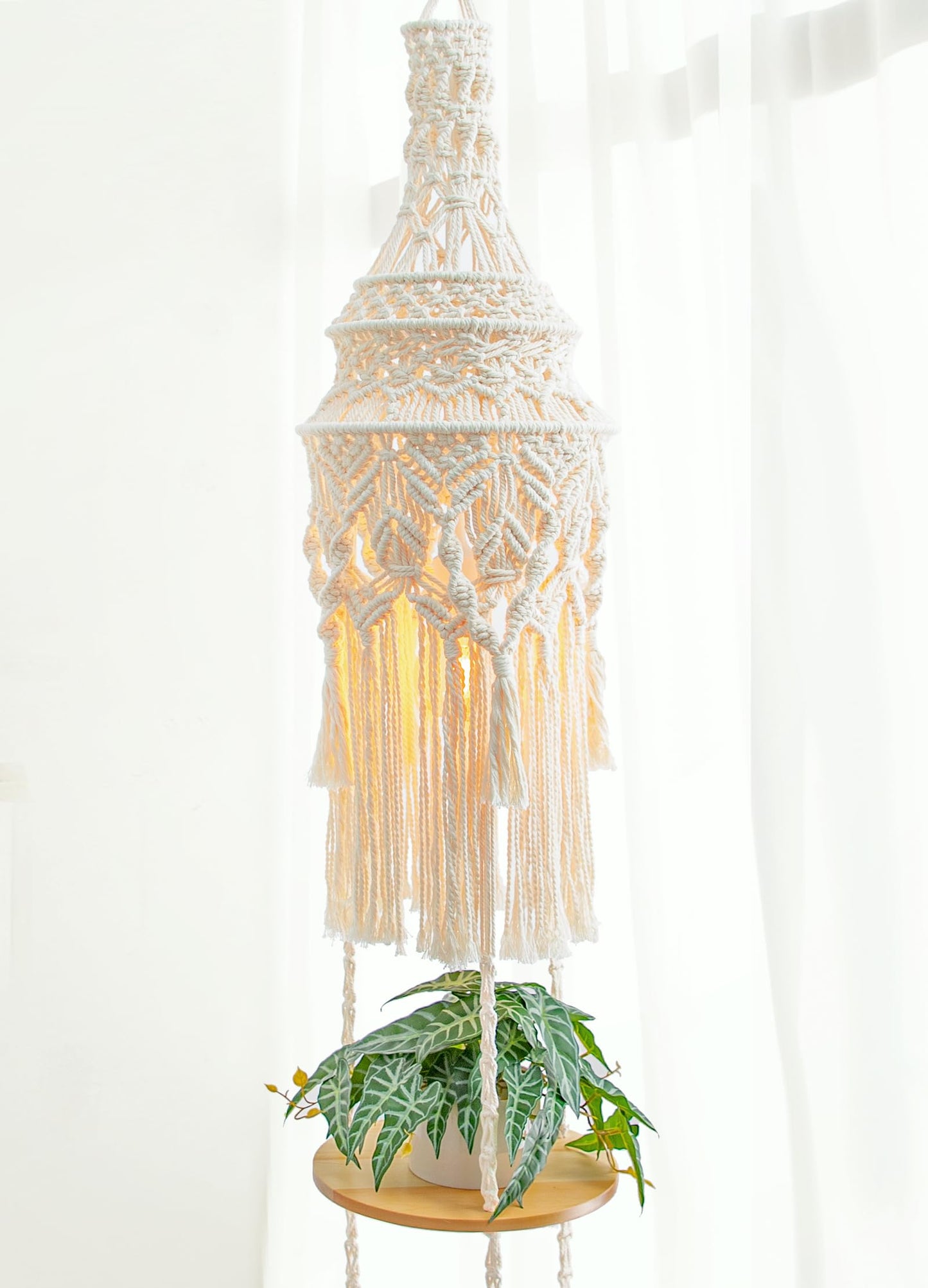 ANROYE 3-Tier Cotton Macrame Hanging Light Fixture Shelf, Boho Corner Pendant Lamp Shade Shelves, Farmhouse Ceiling Plant Hanger Indoor Decor for Women Bedroom Christmas Gift