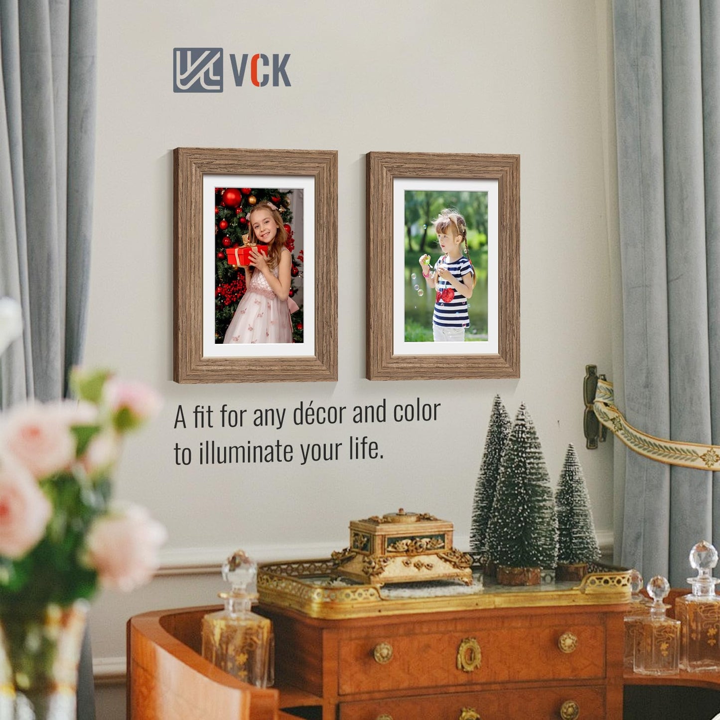 VCK 5x7 Picture Frame 2 Pack - Walnut, High-End Wood Poster Frames with Tempered Glass, Display 4x6 Photo with Mat or 5x7 without Mat, Art Gallery-Quality, Wall Hanging/Tabletop, Walnut