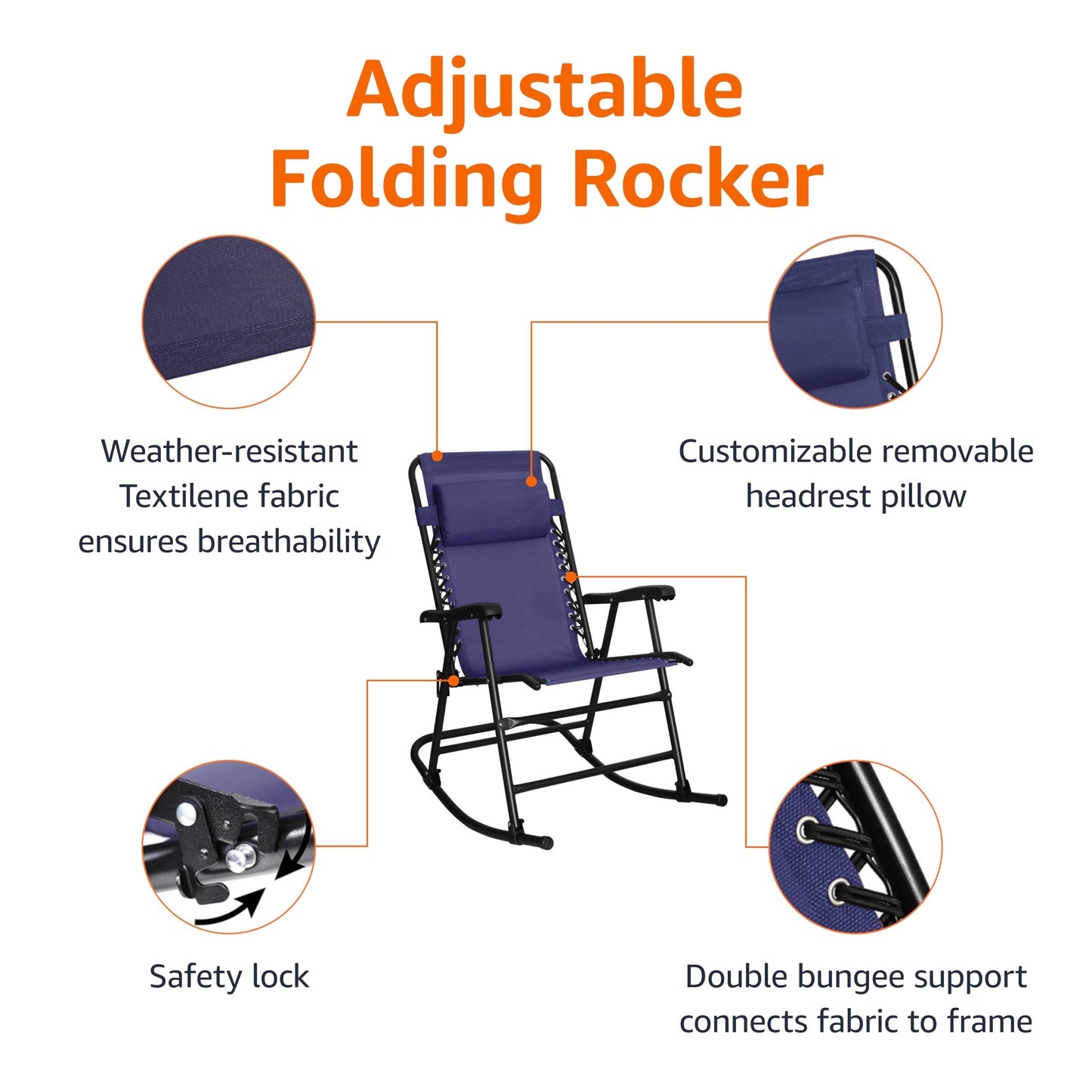 Amazon Basics Outdoor Portable Folding Rocking Chair with Headrest, Ergonomic Design, Weather-resistant Textilene Fabric for Porch, Blue