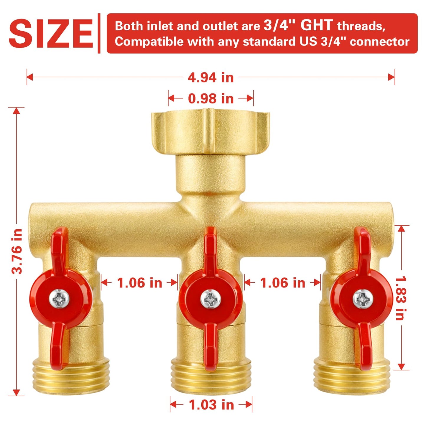 Cekwiet 3 Way Garden Hose Splitter Heavy Duty Brass, Full Flow Outdoor Faucet Hose Splitter with 3 Shut Off Valves, 3/4" GHT Metal Hose Connector for Garden, Lawn Irrigation, Yard Watering Etc