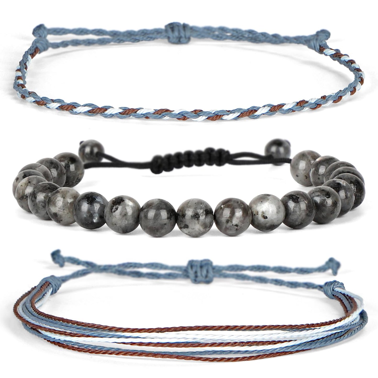 QOGIR Handmade Healing Bracelet,8mm Natural Black Larvikite Gem Stone Beads Bracelet,for Men Women Gifts with 2PCS Size Adjustable Rope Bracelets