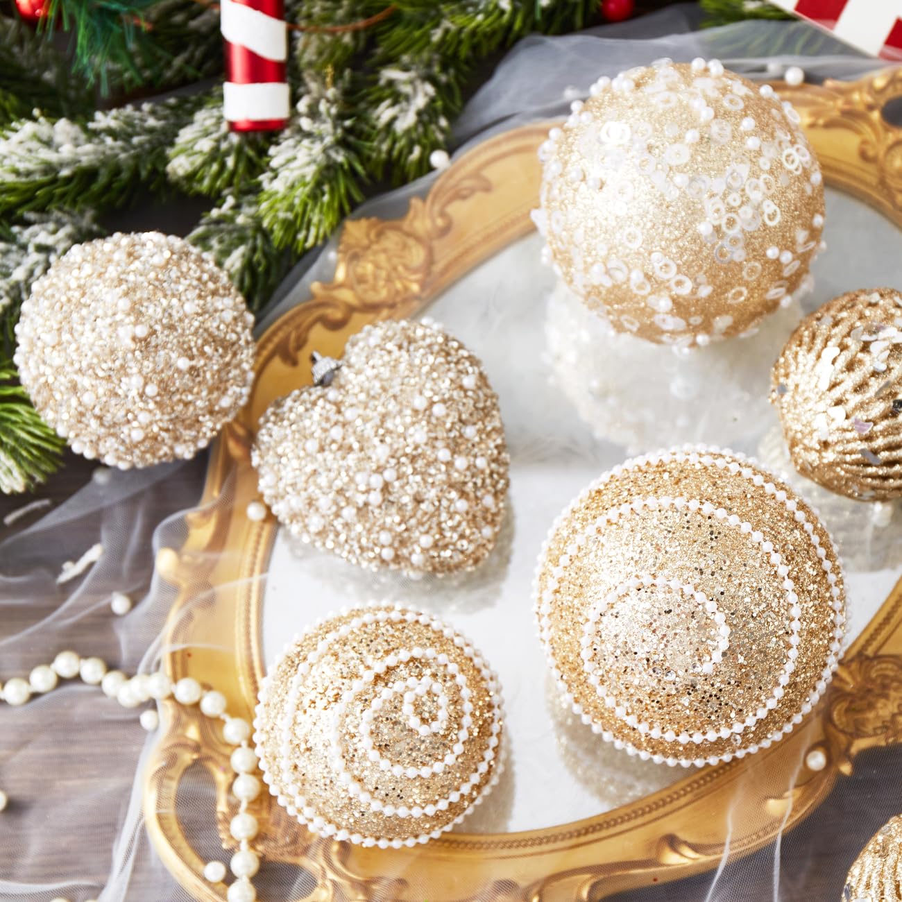 Champagne Gold Christmas Ball Ornaments, Christmas Ball Decorations Shatterproof Plastic Hanging Pearl Balls for Holiday Party(70mm/2.76", 12ct)