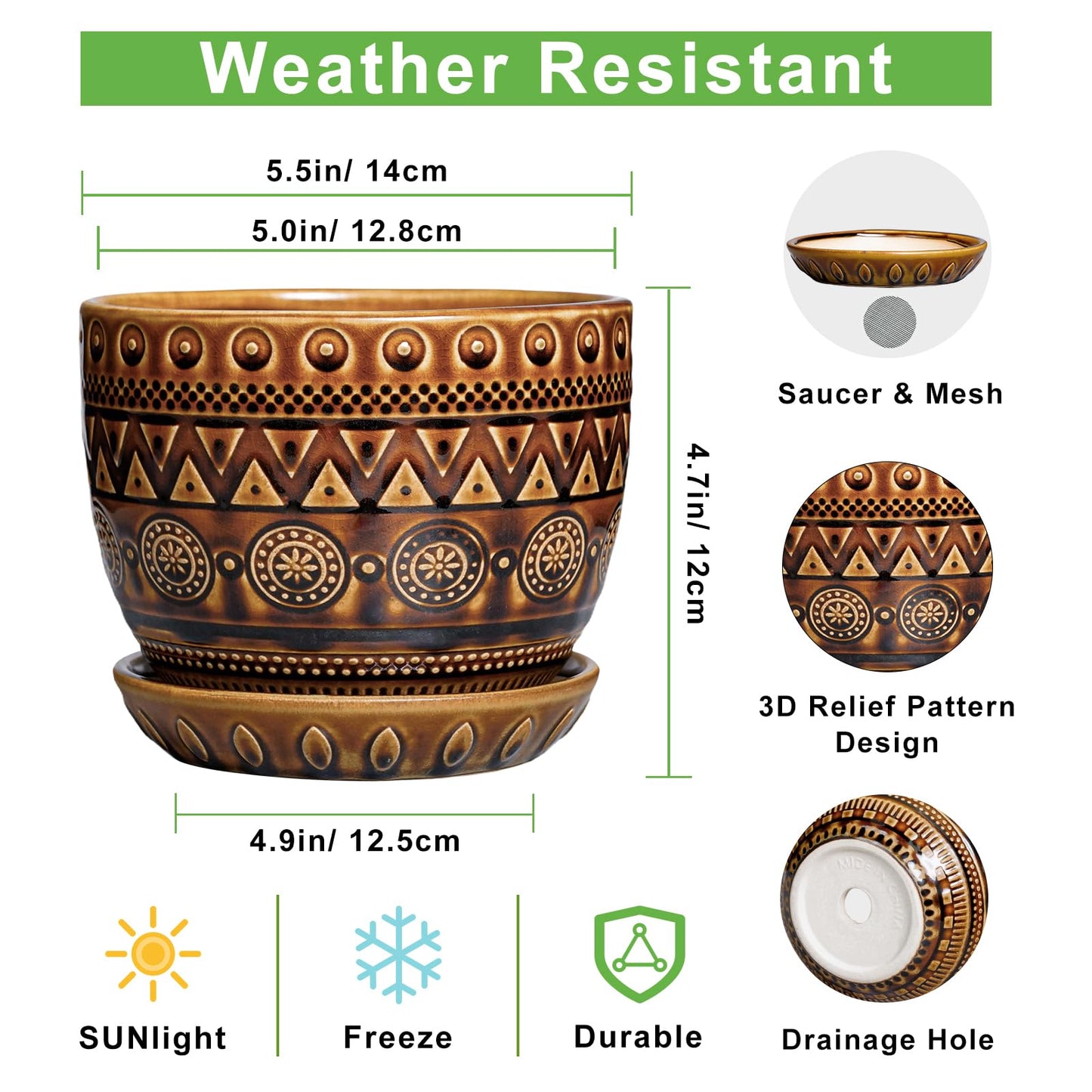 G EPGardening Ceramic Pot for Plants 5.5 Inch - Ceramic Plant Pot with Drainage Hole and Saucer, Boho Round Planter for Indoor Outdoor Plants, Plant Lover Gifts, Office Garden House Decor, Brown