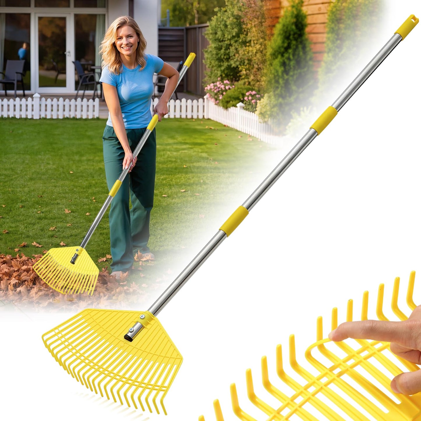 Leaf Rake - 16.5" Wide Nylon Plastic Head,51" Adjustable Stainless Steel Handle,Heavy Duty Gardening Leaves Rake Tools for Garden Lawns,Yard,Shrub,Grass - Lightweight for Women,Seniors & Kids