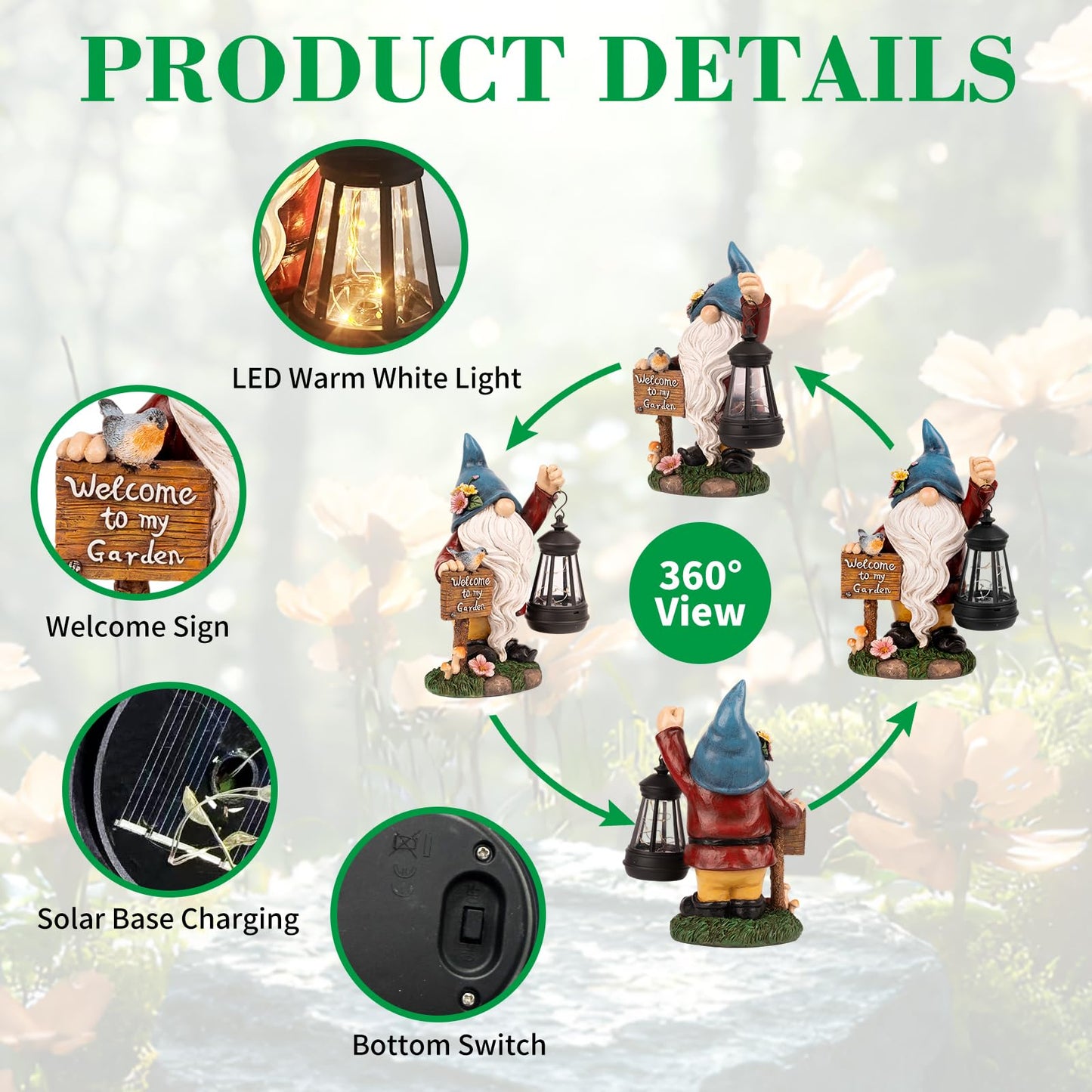 ZQQLITE Garden Gnome Statues Figurine Lights - Solar Powered Lighting Outdoor Decorations with Lantern & Welcome Sign, Yard Art Lawn Ornaments for Porch Patio Balcony - Gnome Gifts for Women Mom