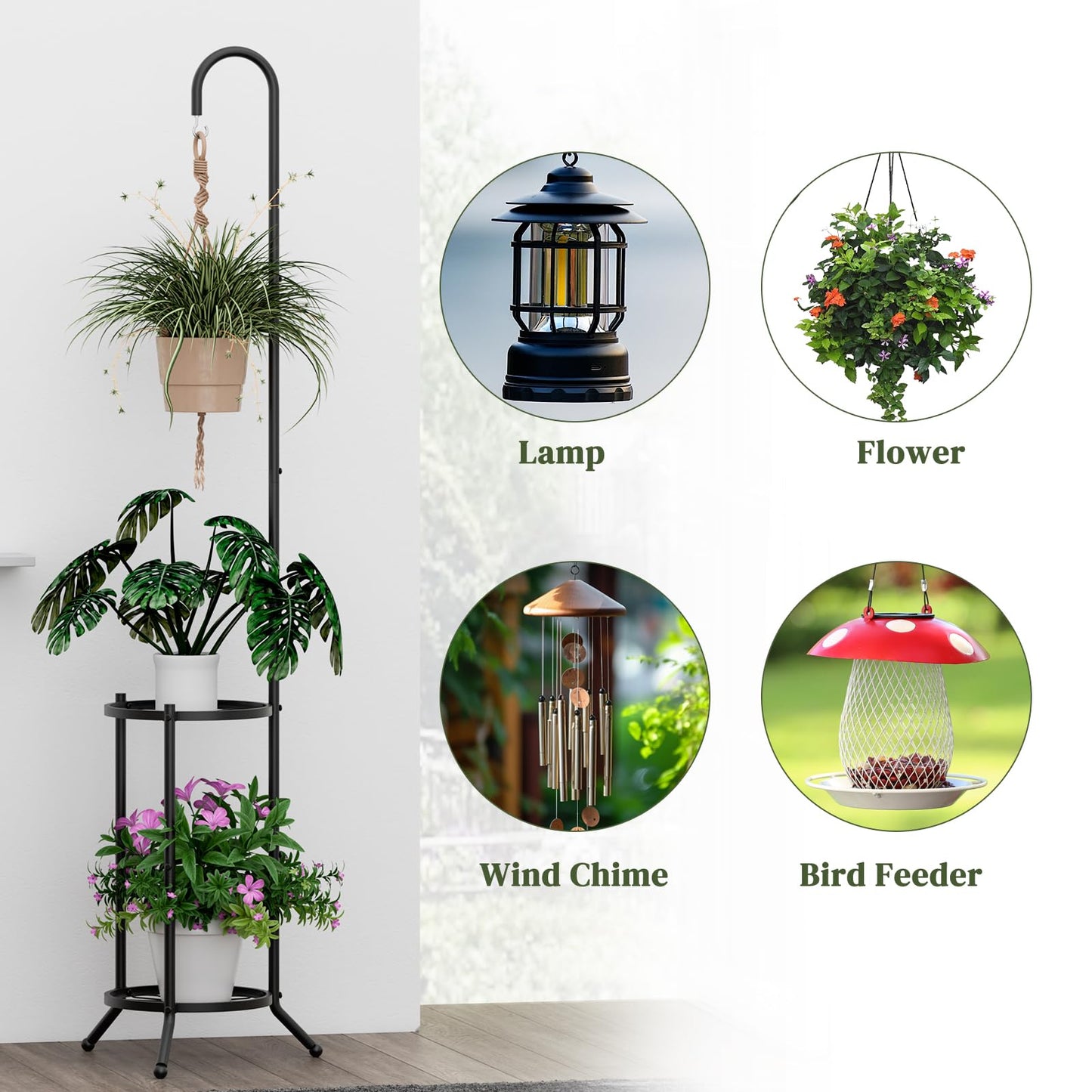 PULIJIAJU 2-tier Hanging Plant Stand Indoor and Outdoor, Space-Saving Iron Plant Shelf, 3 Potted Flower Pot Stand ,Planter Holder for Bedroom Balcony Living Room Patio Garden(Hook Style)