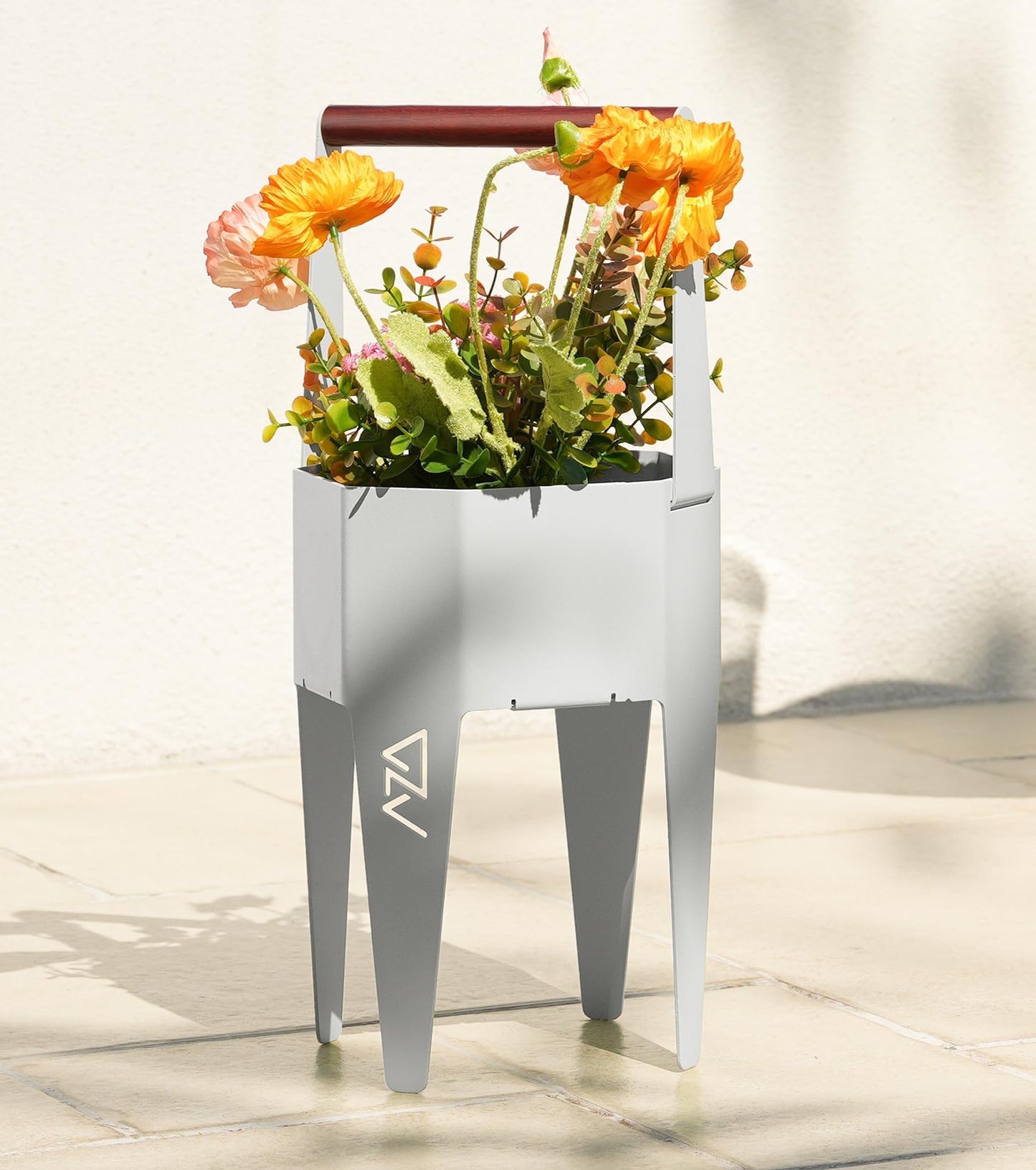 AZADESJET Planter with Stand, Metal 2 in 1 Portable Planter with Grow Bags & Handle, Stable Stylish Indoor Plant Pots with Stand, Modern Flower Pots Outdoor, 7.5'' x 17.3'', White, Plant Not Included