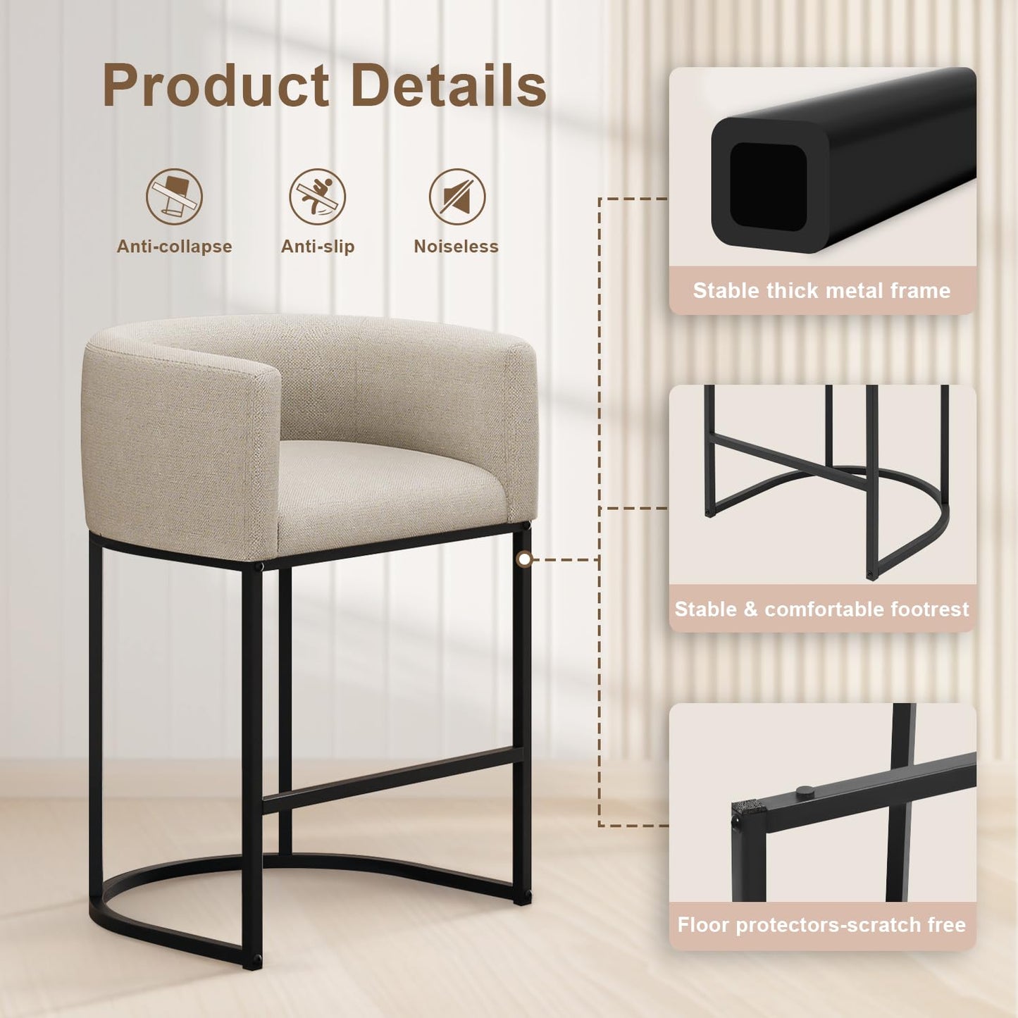 VATROS 26" H Counter Height Bar Stools Set of 2, Modern Barrel Counter Stools with Backrest and Arms, Linen Fabric Upholstered Accent Barstools for Kitchen Island,Support 450 LBS (Beige)