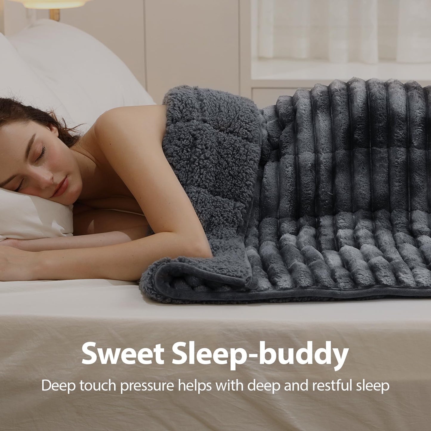 UINIU Sherpa Fleece Weighted Blanket with 3D Ribbed Stripes, 15 lbs Soft Flannel Heavy Throw Blanket for Couch Bed Sofa, Heavy Thick Blankets with Glass Beads, Great for Sleep, 48" x 72"