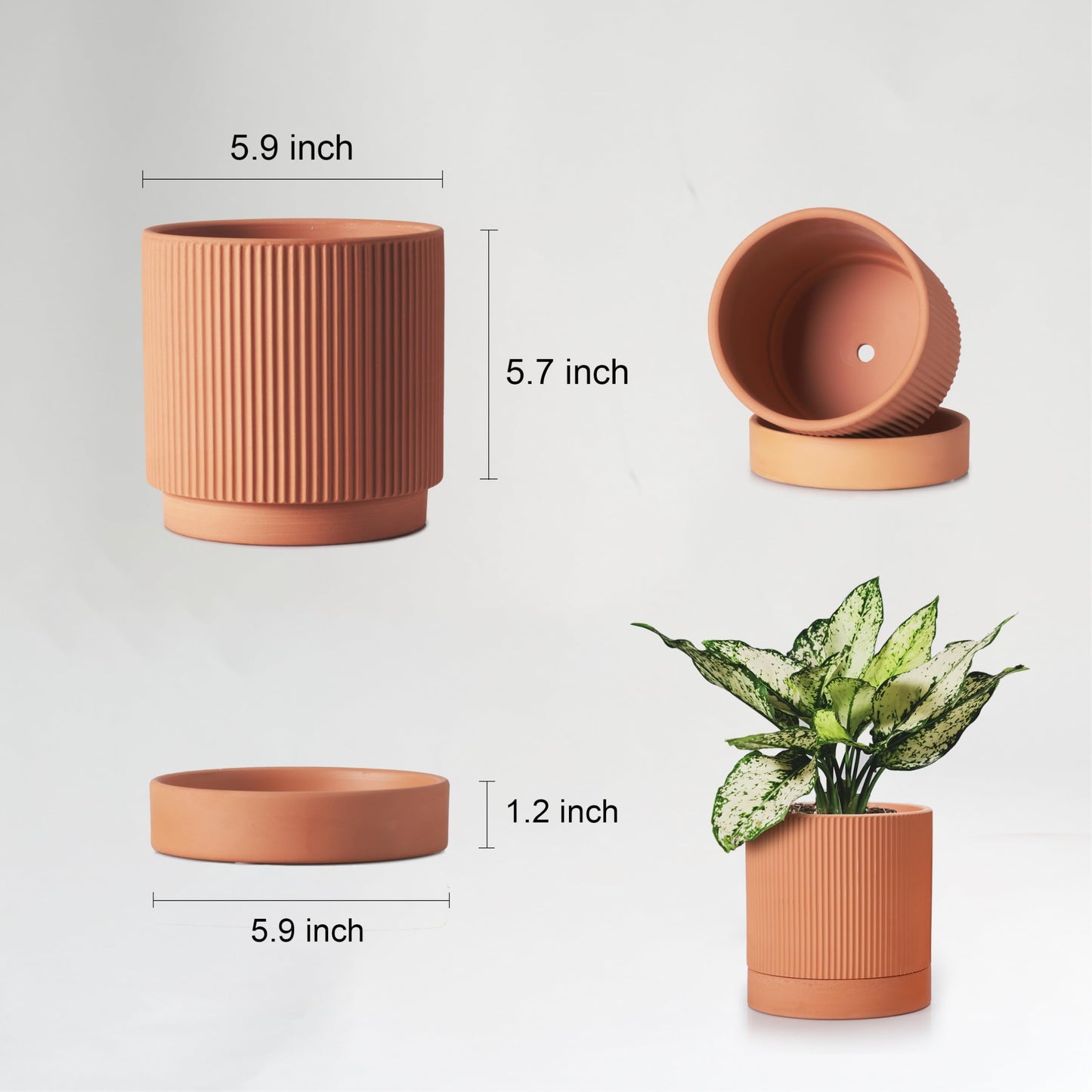 HERDUK Modern Terracotta Pots, 6 Inch Ribbed Textured Clay Planter Pots with Drainage Hole & Saucer, Garden Pots for Indoor/Ourdoor Plants, Succulent Cactus & Herb