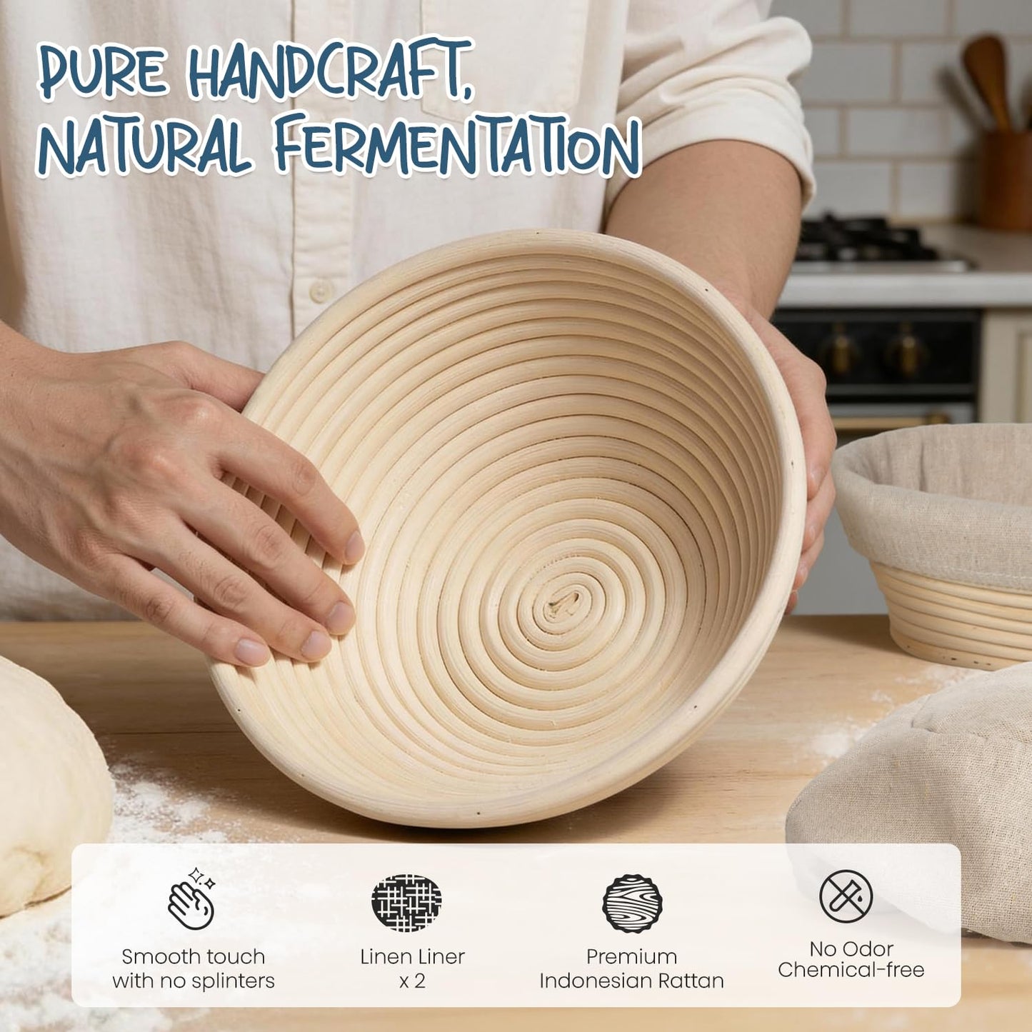 RORECAY Bread Banneton Proofing Basket Set, 9 Inch Round & 10 Inch Oval Cane Sourdough Baskets with Dough Whisk Lame Dough Scraper Bowl Scraper Silicone Brush Sourdough Bread Baking Supplies