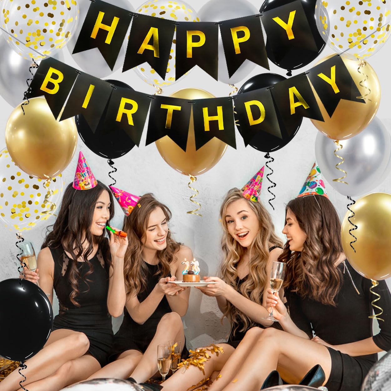 Happy Birthday Banner, Black Gold Birthday Decoration, 16 Pcs 12in Balloons with 2 Ribbons for Men Women Girls and Boys Party Decoration