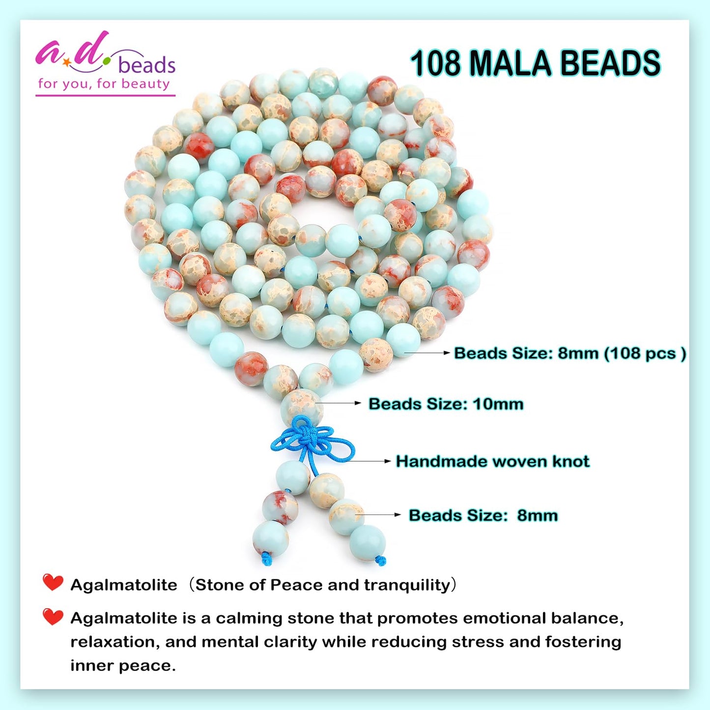 AD Beads 8mm 108 Prayer Mala Amazonite Elastic Bracelet - Unlock Your True Self - Handmade Yoga Meditation Healing Power Energy Gifts for Unisex Adult.