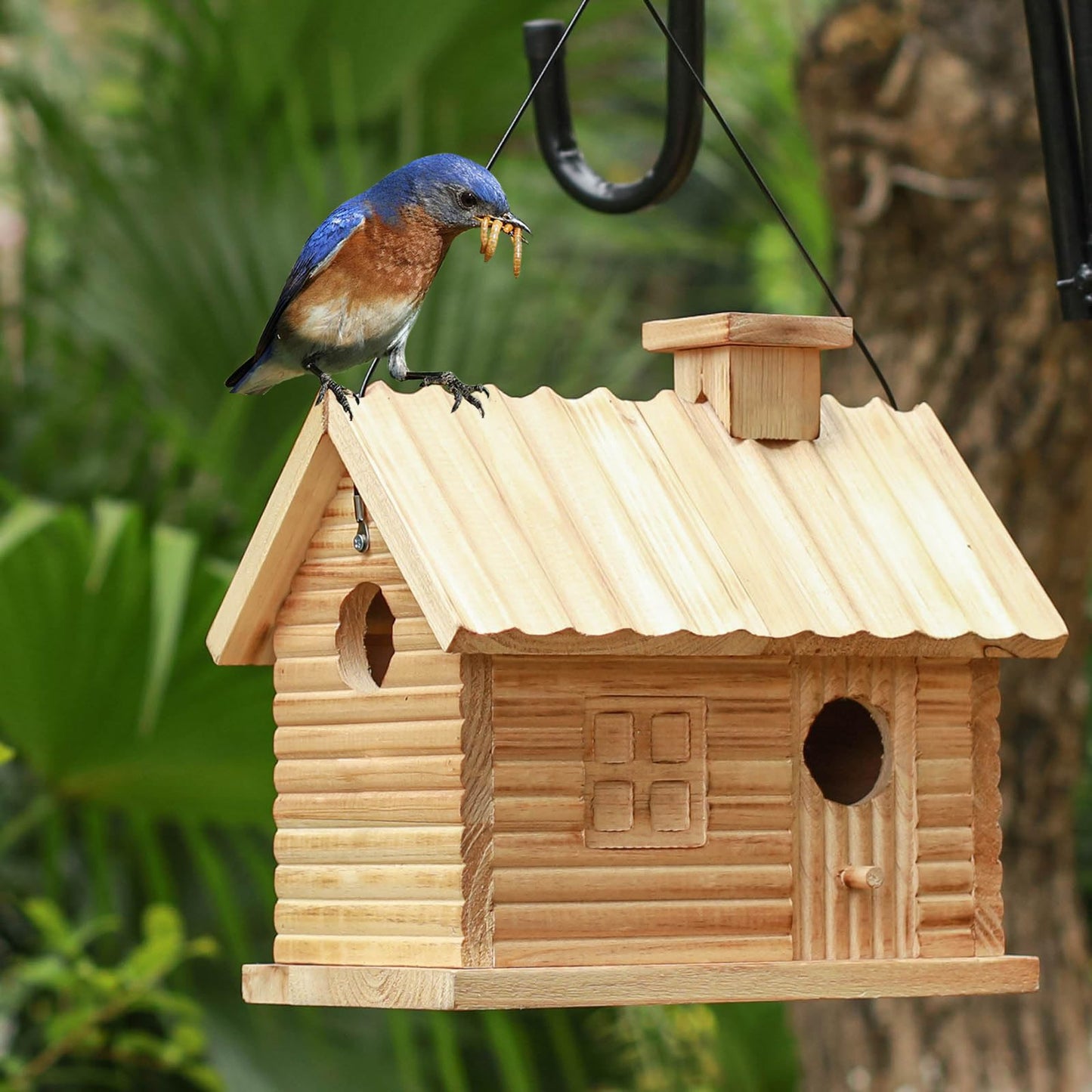 STARSWR Bird House Outside,Outdoor Bird Houses, Natural Wooden Bird Hut Clearance 2 Hole Bluebird Finch Cardinals 2 Rooms Hanging Birdhouse for Garden Viewing