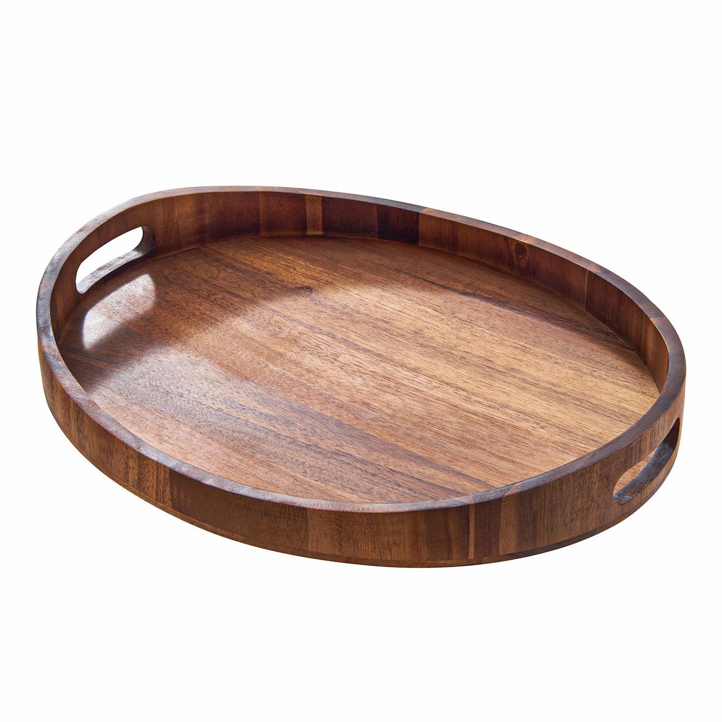 SARUFO Acacia Wood Round Ottoman Tray – Decorative Serving Tray with Handles for Coffee Table, Breakfast in Bed, Living Room, Kitchen Counter, Candle Display, Tea Party, Lunch, Dinner, Bathroom