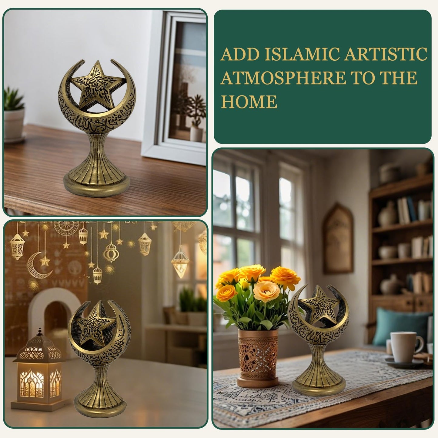 Mingzhang Ramadan Decorations for Home, Islamic Crescent Moon Star Statue, Eid Mubarak Table Centerpiece, Gold Ramadan Decor Ornament Gift