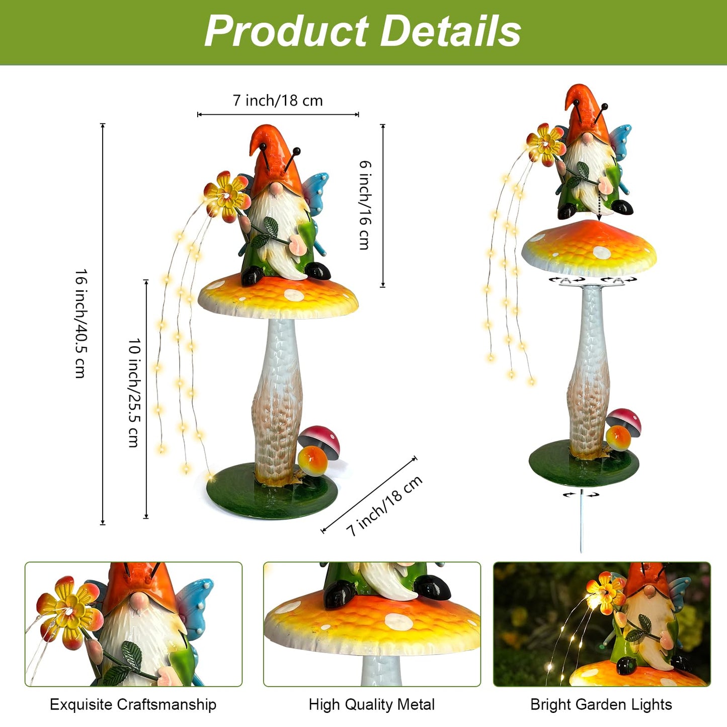 HONGLAND Solar Garden Gnome Figurine, Waterproof Outdoor Mushroom Decor with Solar Outdoor Lights for Yard, Patio, Lawn Ornaments, Ideal Gifts for Mom Grandma Women, Housewarming Gifts-16.5"