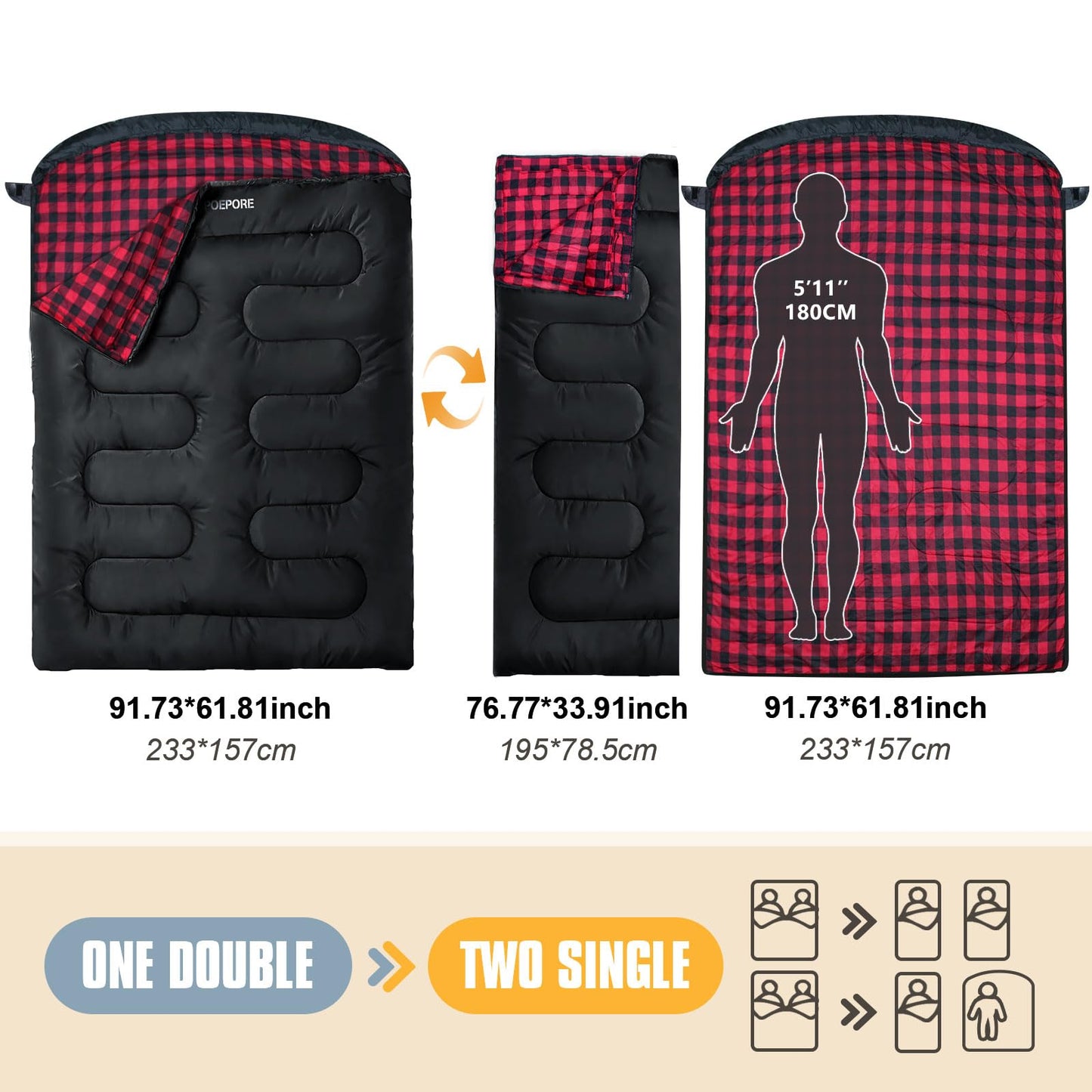POEPORE Double Sleeping Bag Flannel for Adults with 2 Pillows 2 Person Sleeping Bags Camping XXL Queen Size Two Person Sleeping Bag for Cold Weather