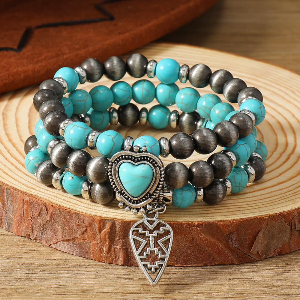 Meztole Turquoise Western Cowgirl Bracelets for Women Handmade Stackable Turquoise Beaded Stretch Bracelet Vintage Rodeo Western Jewelry Set Country Cowboy Outfit Accessories (3)
