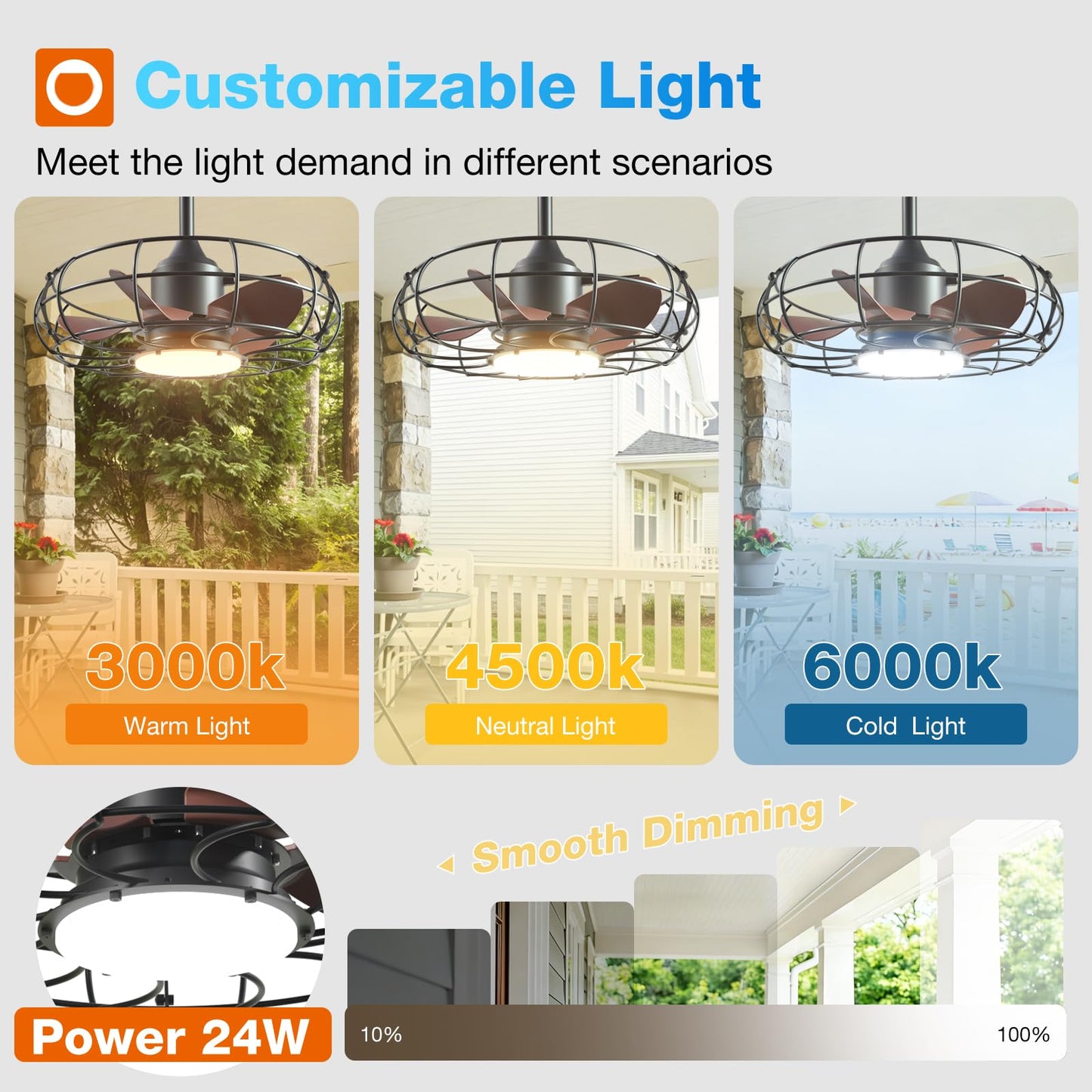 addlon 20 Inch Outdoor Ceiling Fan with Light for Patio, IP65 Waterproof Plug in Caged Hanging Fan, Remote Control, 3 CCT, 6 Speeds Reversible Outdoor Fan for Gazebo, Pergola, Porch