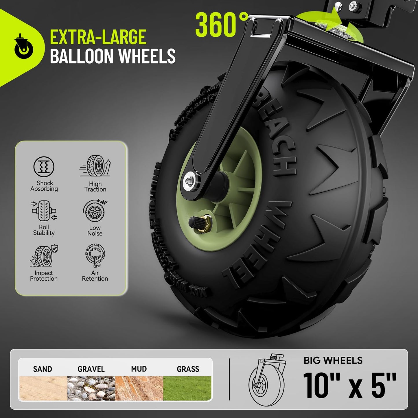 Hikemoon 400L Collapsible Beach Wagon with 10" Big Balloon Wheels for Sand, 54" Long Extra Large Wagons Carts Foldable, All Terrain Tires & 560LBS Heavy Duty, Utility Folding Cart for Outdoors, Black