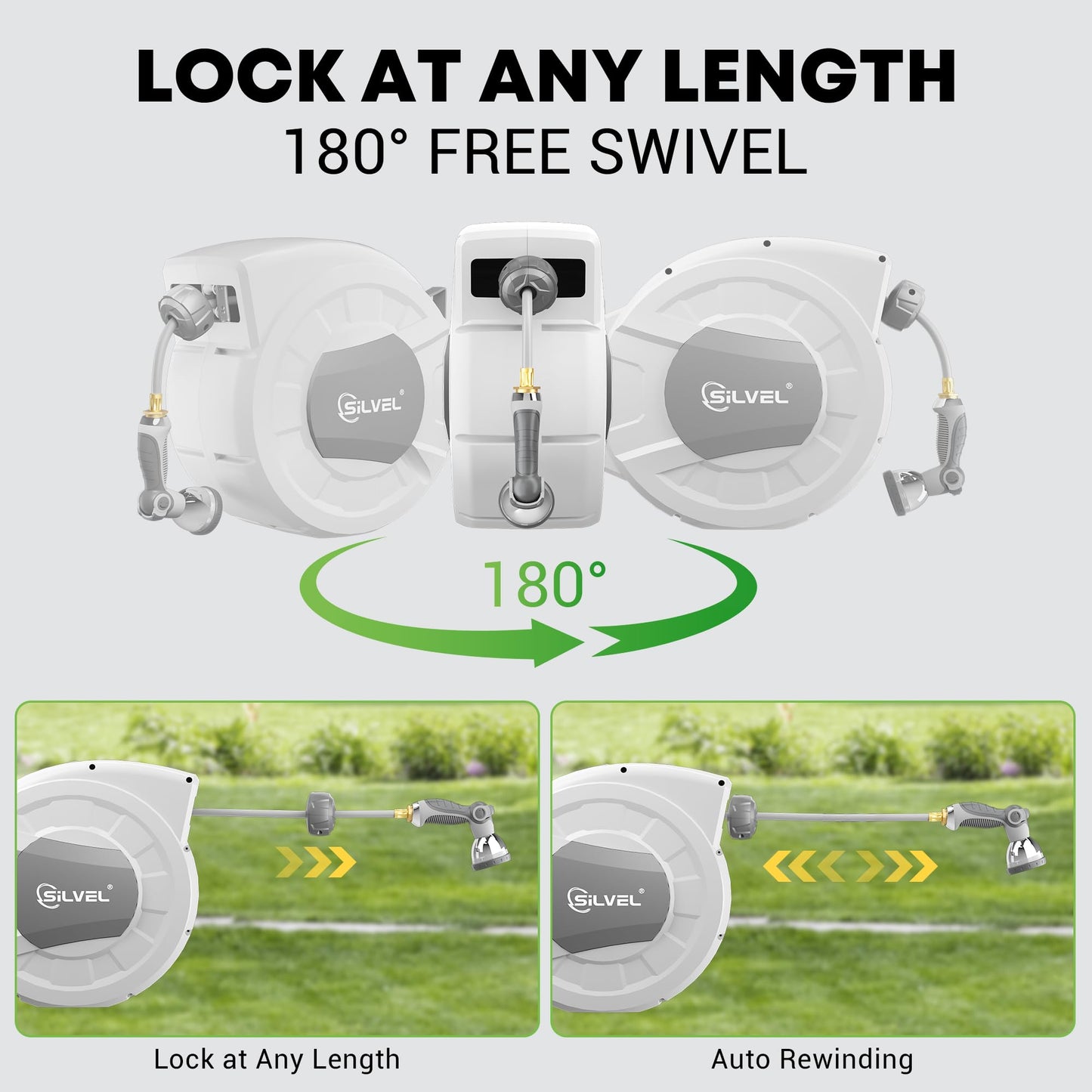 SILVEL Retractable Garden Hose Reel, 1/2 in x 110ft Wall Mount Heavy Duty Automatic Hose Reel with 10 Pattern Nozzle, Any Length Lock & Slow Return System, 180°Swivel Bracket Upgraded UV Resistant