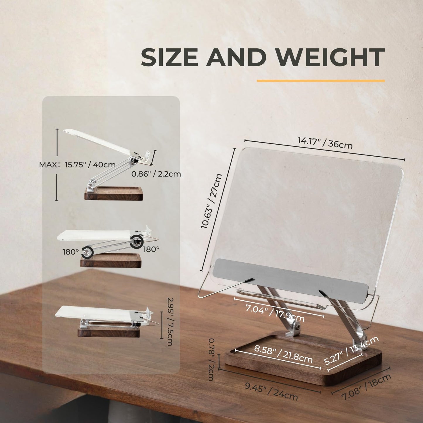 muso wood Acrylic Book Stand for Reading, Adjustable Book Holder with Walnut Storage and Elastic Clips, Desktop Riser Stand for Cookbook, Magazine, Tablet, Laptop
