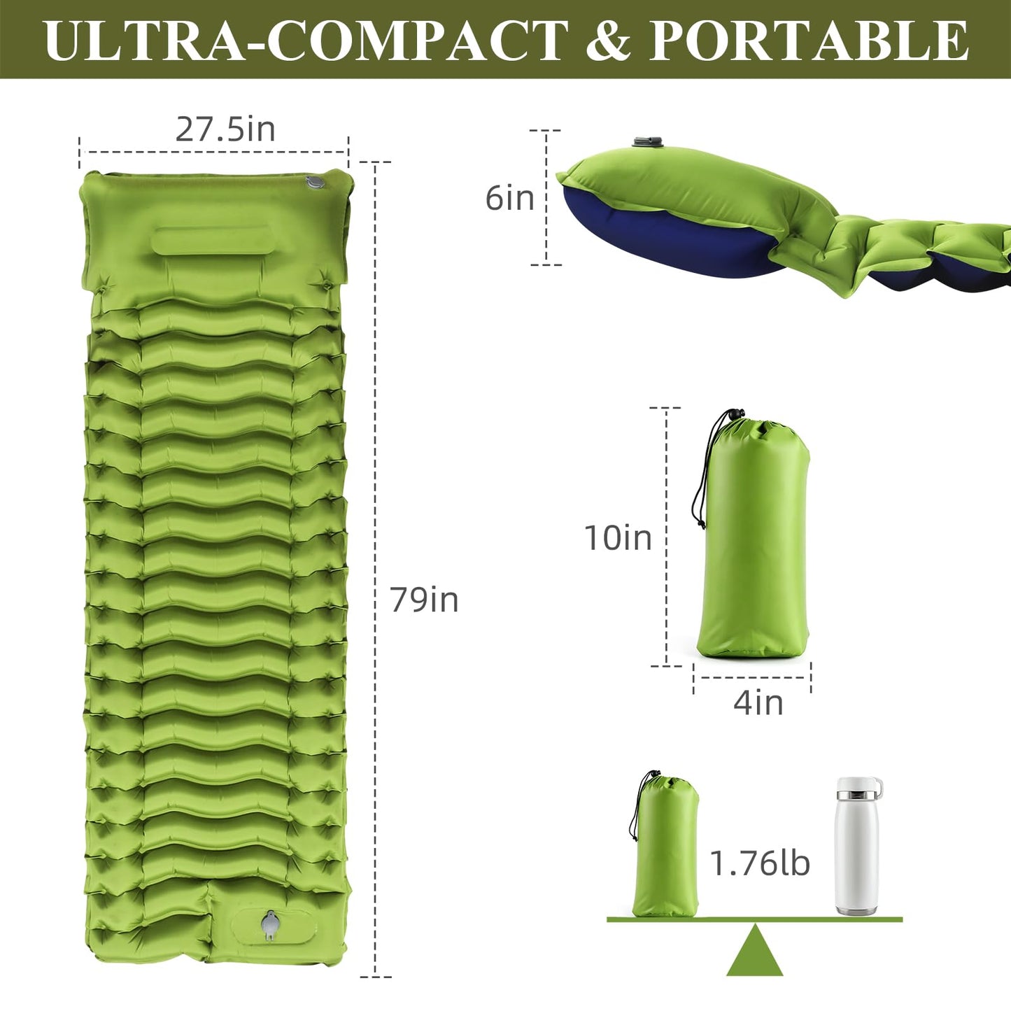 Jnconser Camping Sleeping Pad, Ultralight Inflatable Sleeping Mat with Pillow & Foot Pump, Extra Thick Compact Camping Mattress for Hiking, Backpacking & Tent Use, Dual-Colored Design(Green/Blue)