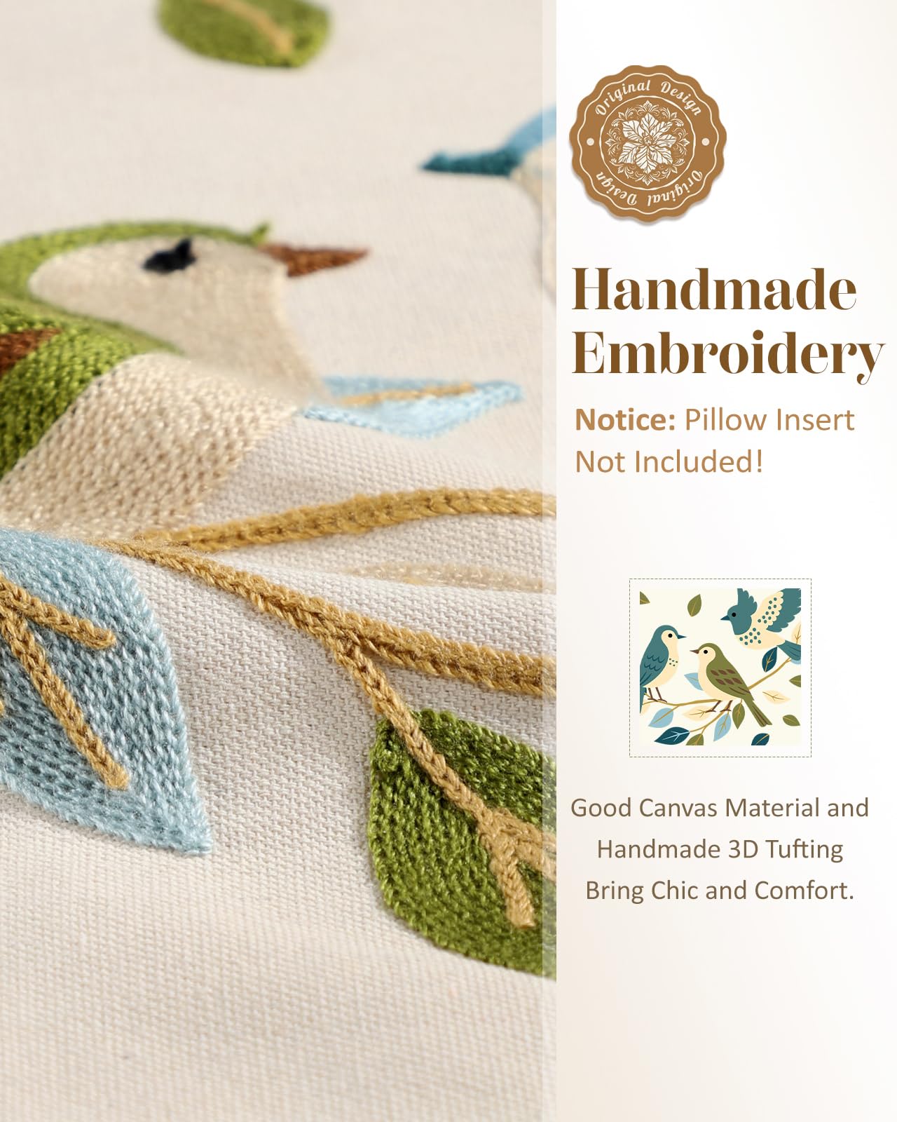 Kokaaee Embroidered Throw Pillow Cover 18x18 Inch - Spring Boho Decorative Pillow Covers with Zipper for Couch Sofa Bedroom Living Room Cushion Pillowcase, Birds Leaves