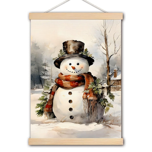 DNEULYR Rustic Winter Christmas Snowman Wall Art Poster, Farmhouse Christmas Wall Decor, Vintage Winter Holly Leaf Snowman Xmas Poster Hanger Frame for Home Bedroom Living Room, 12x16 Inches
