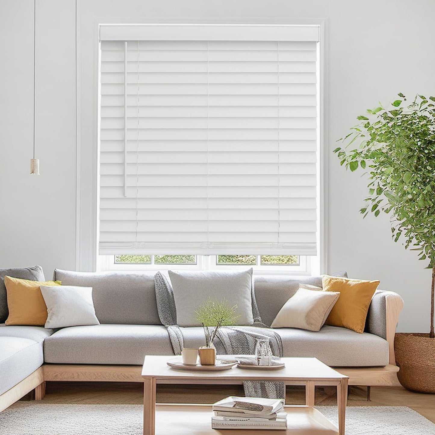 Faux Wood Blinds for Indoor Windows, 35" Width x 60" Height Cordless Window Blinds with Valance for Home, No-Hole Privacy Slats,2" White Blinds for Kitchen, Bathroom & Living Room