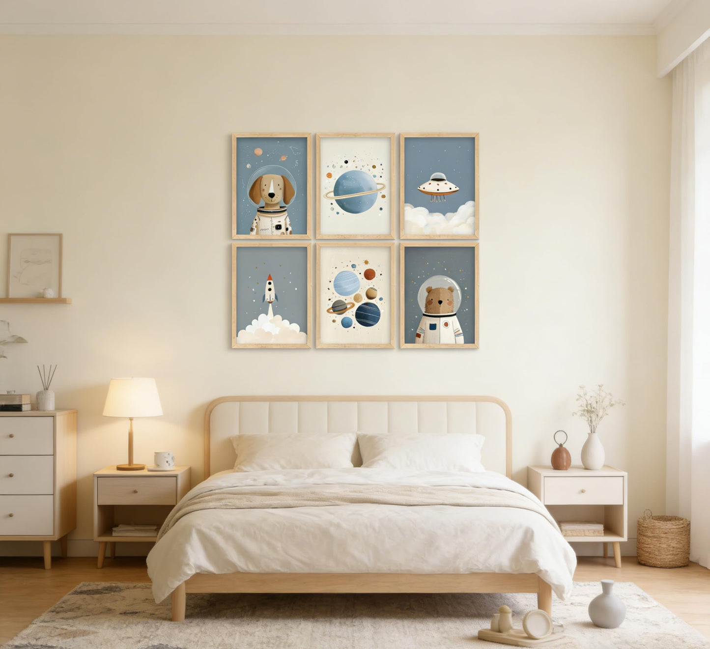 Puncland Cute Space Nursery Wall Art Funny Planet Rocketship and Astronaut Poster Cute Animals Decor Pictures Whimsical Adventure Nursery Painting Print Artwork for Nursery and Kids Bedroom Unframed
