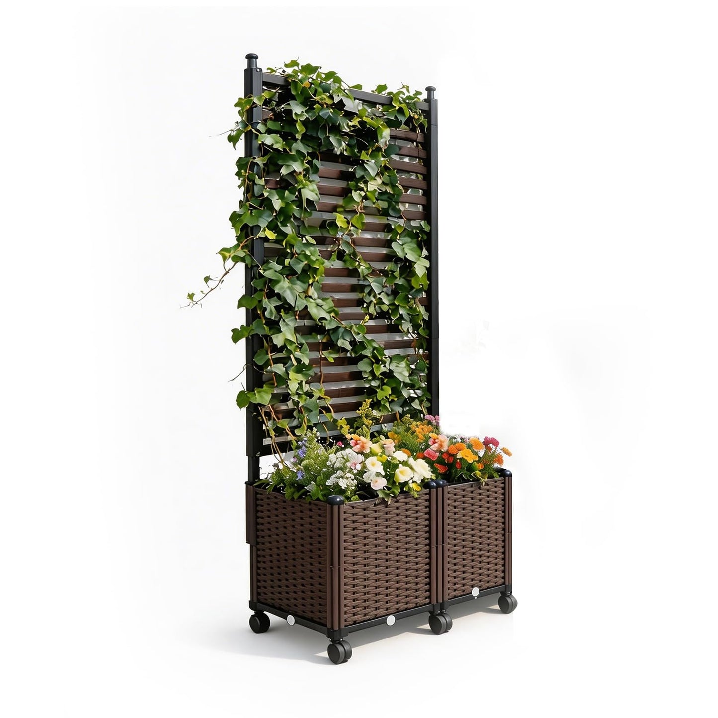 BorealBear Privacy Screen with Resin Wicker Planter Box, 67" Slatted Steel Raised Garden Bed with Trellis, Lockable Wheels, Outdoor Climbing Plants, Patio, Balcony and Yard