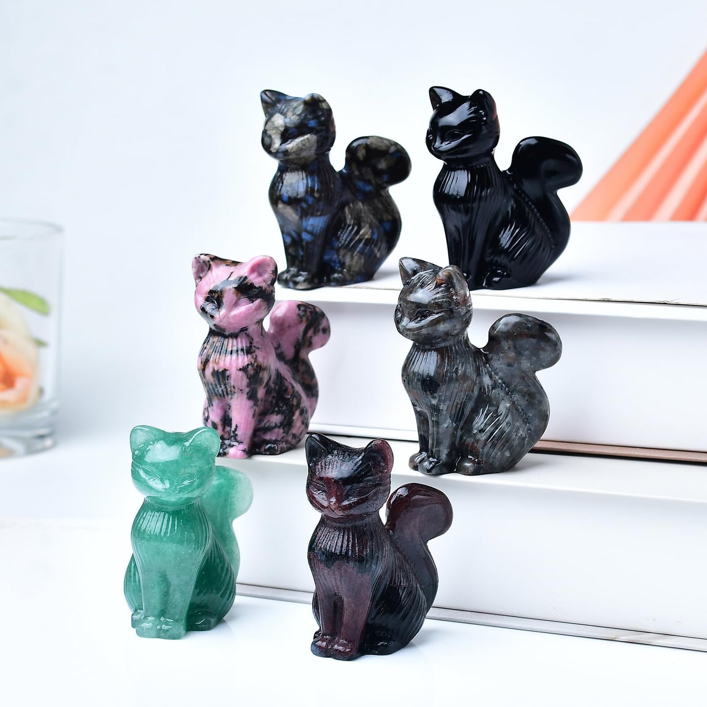 WUYOUSHI Natural Obsidian Crystal Cat Statue 2.4 Inch - Handmade Healing Sculpture, Lucky Guardian Pocket Statue for Reiki Meditation, Office & Home Decoration Gift